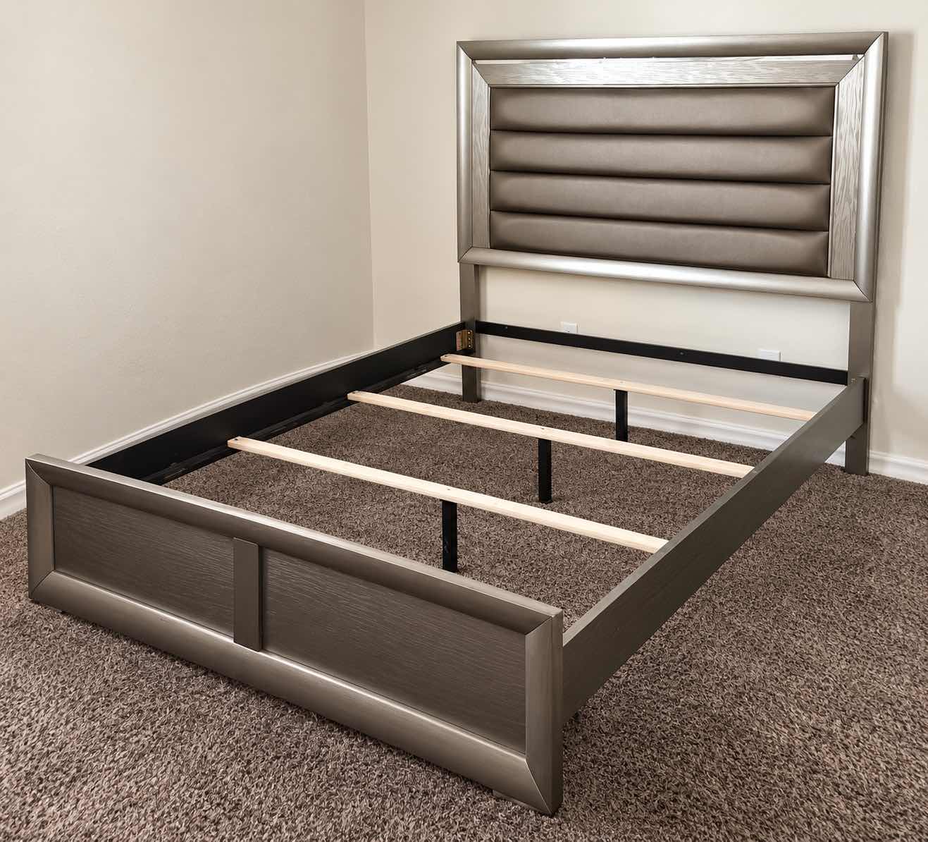 Photo 1 of SILVER METALLIC MODERN PLATFORM BED FRAME W ORNATE CHANNEL-TUFTED HEADBOARD 63 1/2“ x 85“ x H58 1/2“
