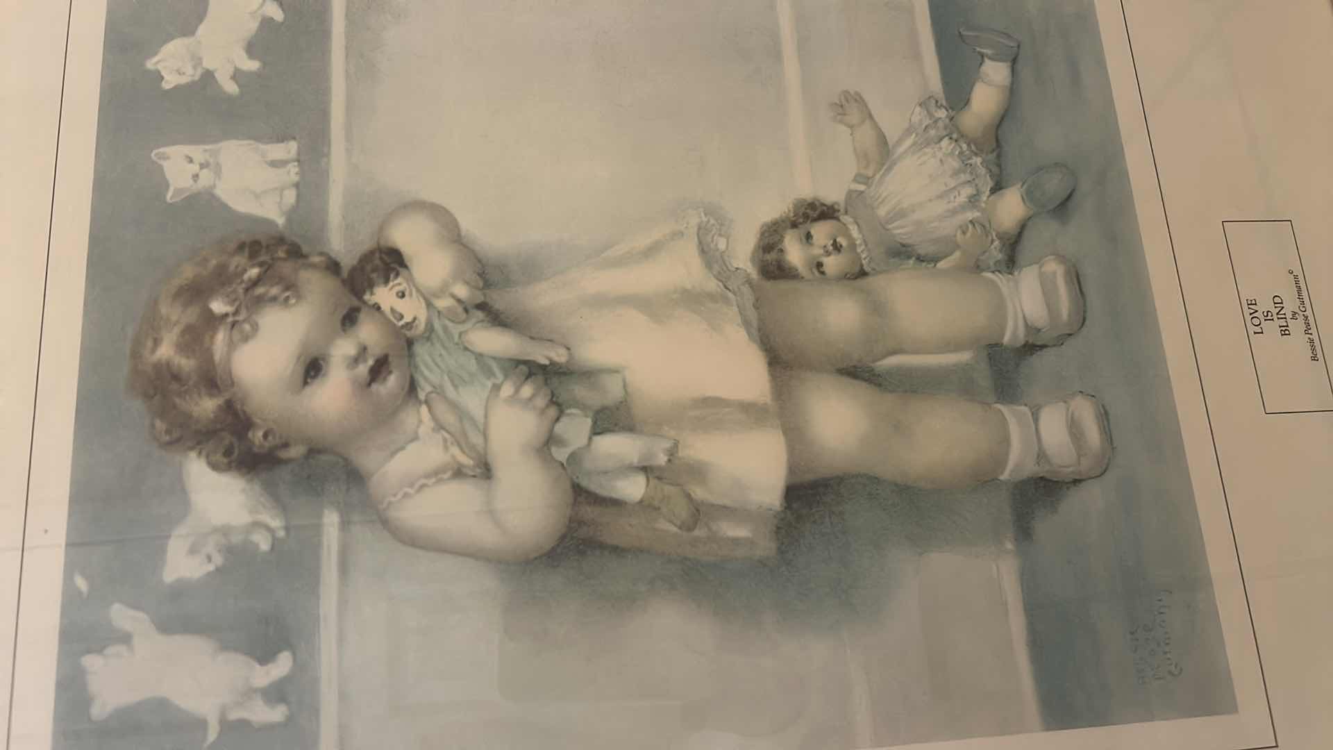 Photo 1 of FRAMED 1991 OFFSET LITHOGRAPH PRINT TITLED "LOVE IS BLIND" BY AMERICAN ILLUSTRATOR BESSIE PEASE GUTMANN (1876–1960) ARTWORK 18 1/2” x 20.5”