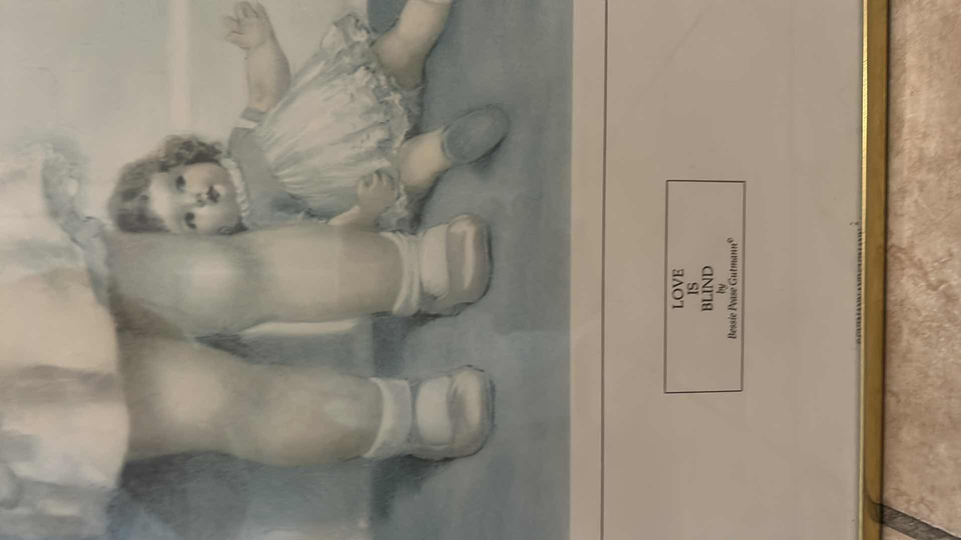 Photo 1 of FRAMED 1991 OFFSET LITHOGRAPH PRINT TITLED "LOVE IS BLIND" BY AMERICAN ILLUSTRATOR BESSIE PEASE GUTMANN (1876–1960) ARTWORK 18 1/2” x 20.5”