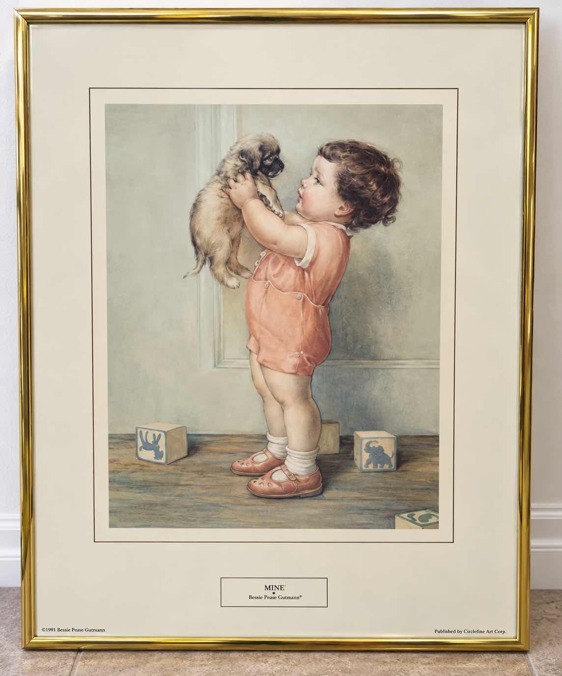 Photo 1 of FRAMED 1991 OFFSET LITHOGRAPH PRINT TITLED "MINE" BY AMERICAN ILLUSTRATOR BESSIE PEASE GUTMANN (1876–1960). ARTWORK 18 1/2” x 20.5”