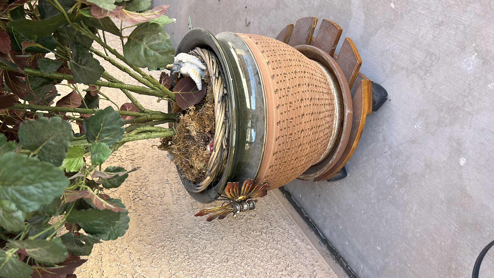 Photo 1 of OUTDOOR DECOR- POT WITH FAUX GREENERY, PLANT STAND H 27.5”