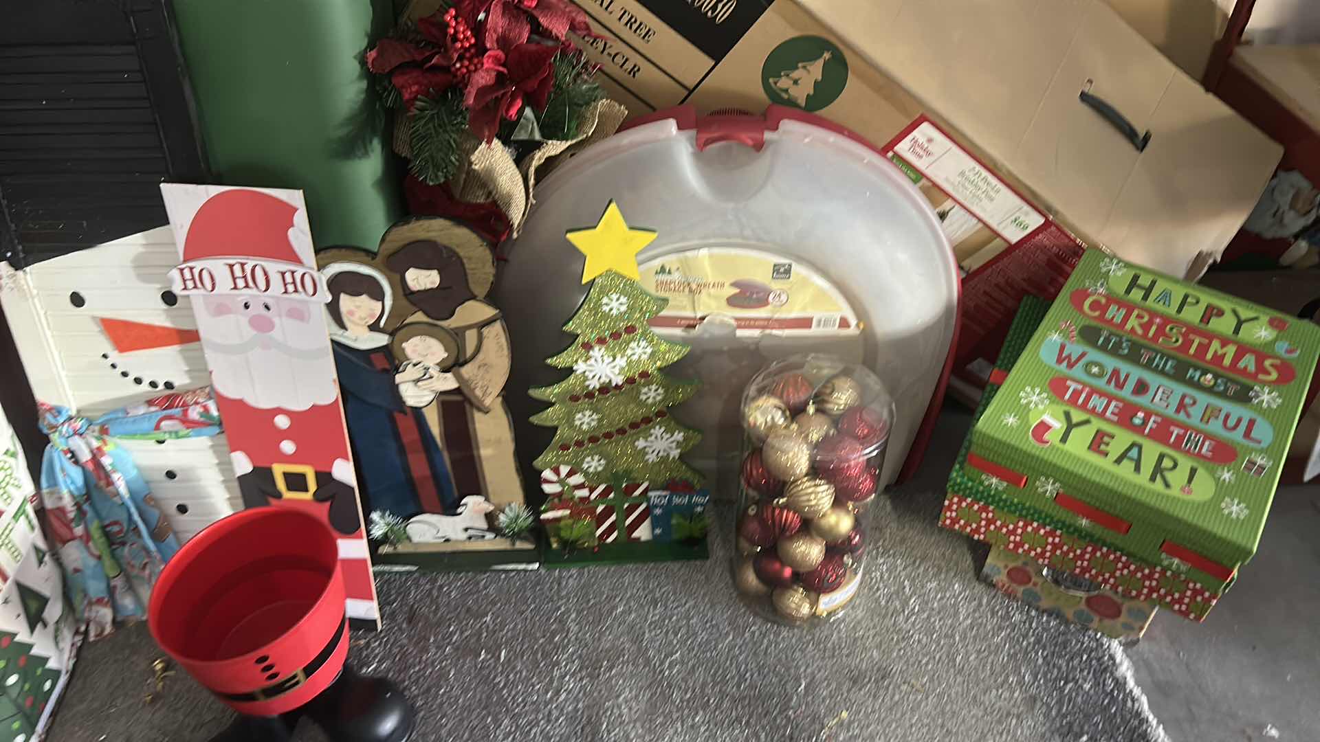 Photo 1 of CHRISTMAS TREE  & 3 BINS OF CHRISTMAS DECOR & MORE