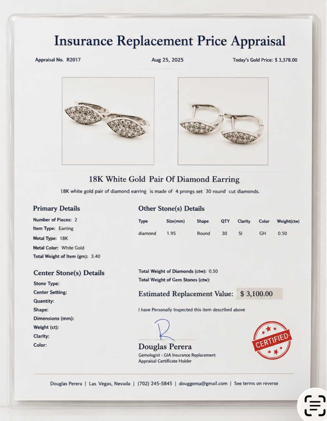 Photo 1 of 18K WHITE GOLD 0.50 CTW DIAMOND EARRINGS 3.4G
W APPRAISAL #2017 $3100