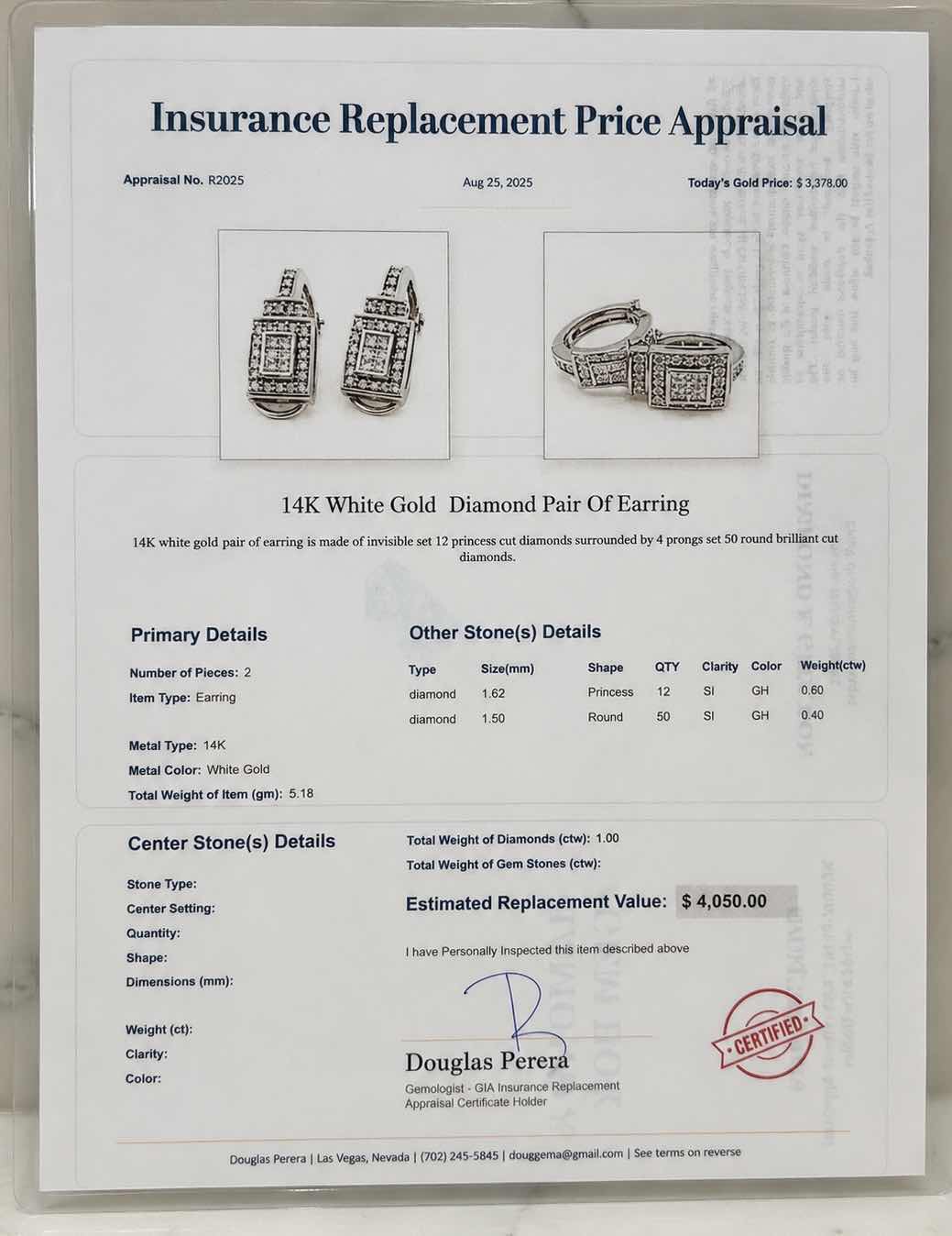 Photo 1 of 14K WHITE GOLD 1CTW DIAMOND EARRINGS 5.18G W APPRAISAL #2004