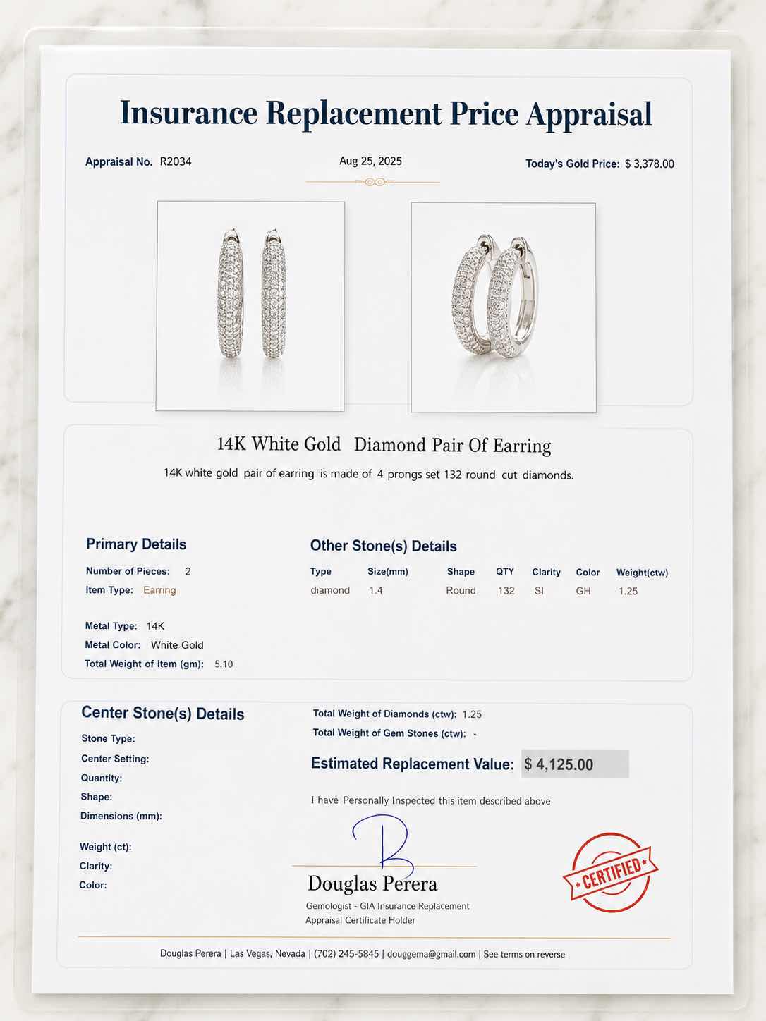 View 4 of 14K WHITE GOLD 1.25 CTW DIAMOND EARRINGS 5.10 G W APPRAISAL #2024