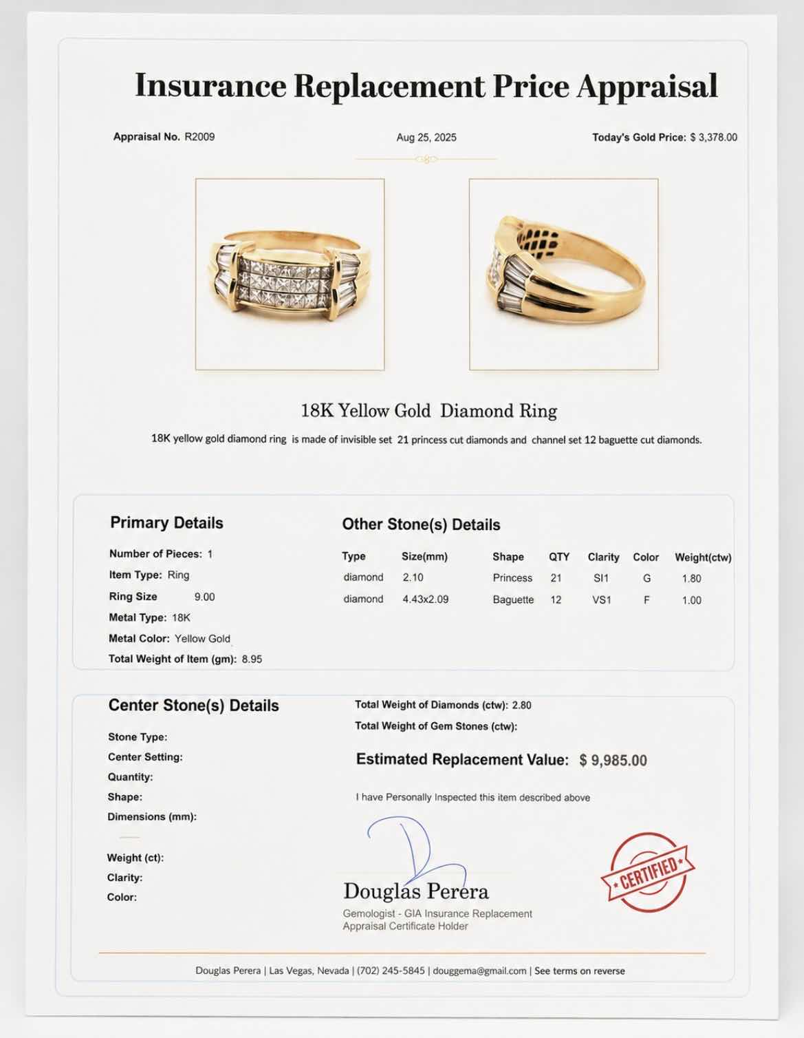Photo 1 of 18K YELLOW GOLD W2.8 CTW DIAMOND RING 8.95 G (EST SIZE 7-8) W APPRAISAL #2009