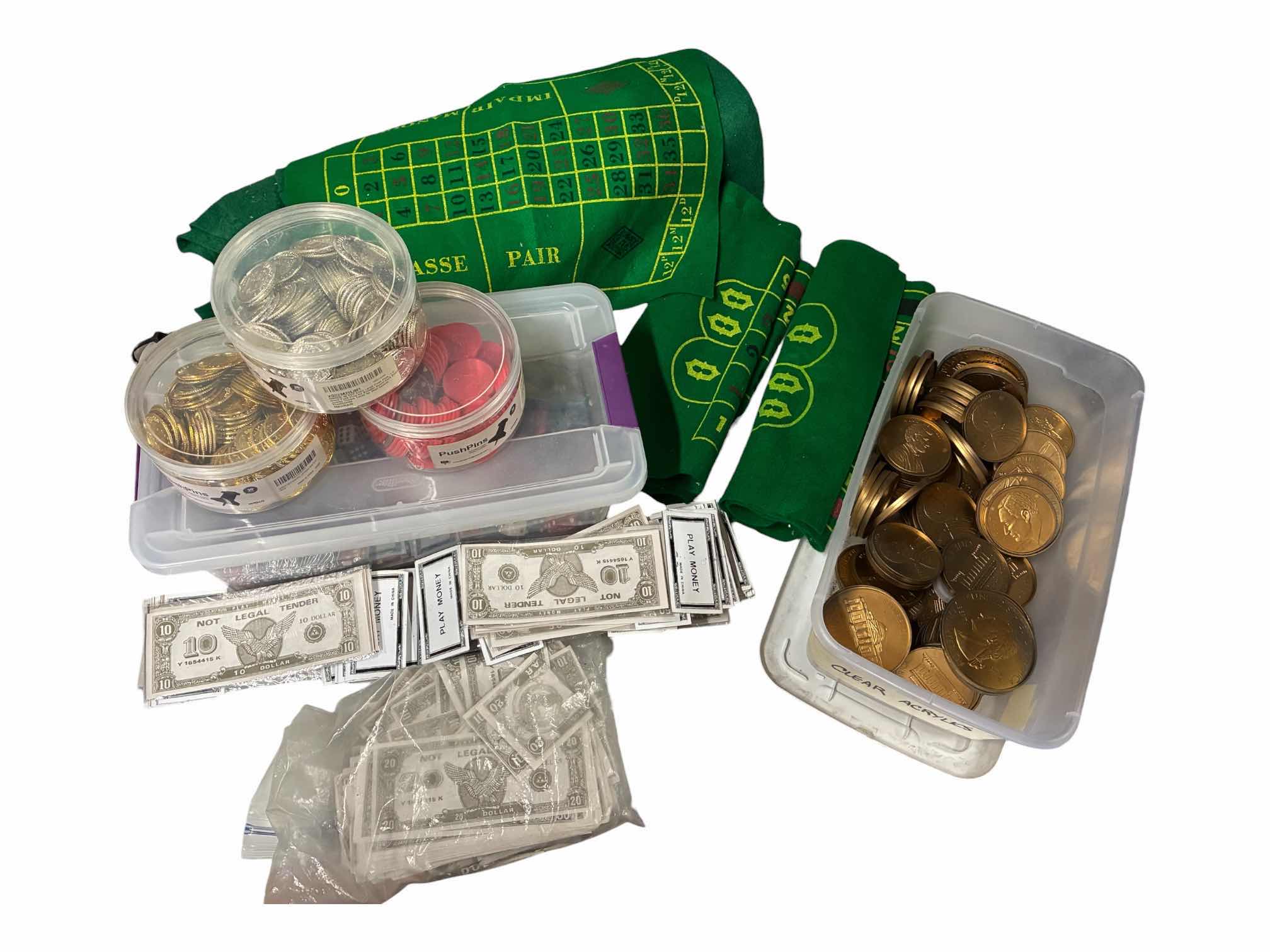 Photo 1 of CASINO PARTY PROP-PLAY MONEY, MULTICOLORED/STYLE DICE, ROULETTE TABLE FELTS