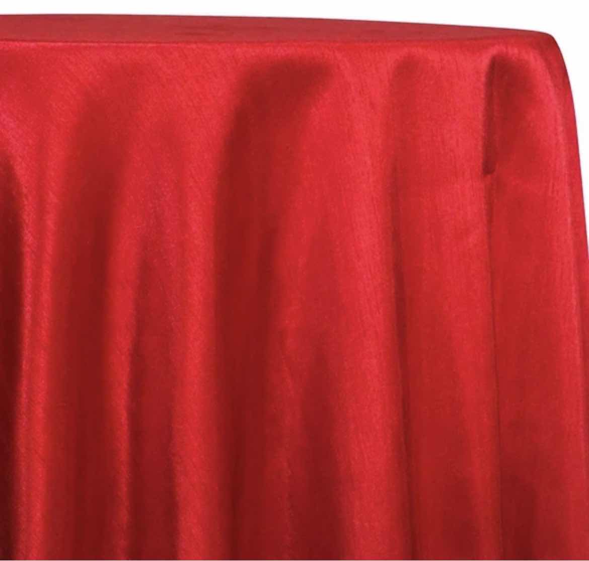 Photo 1 of 90” ROUND RED SATIN REVERSIBLE TABLE LINEN