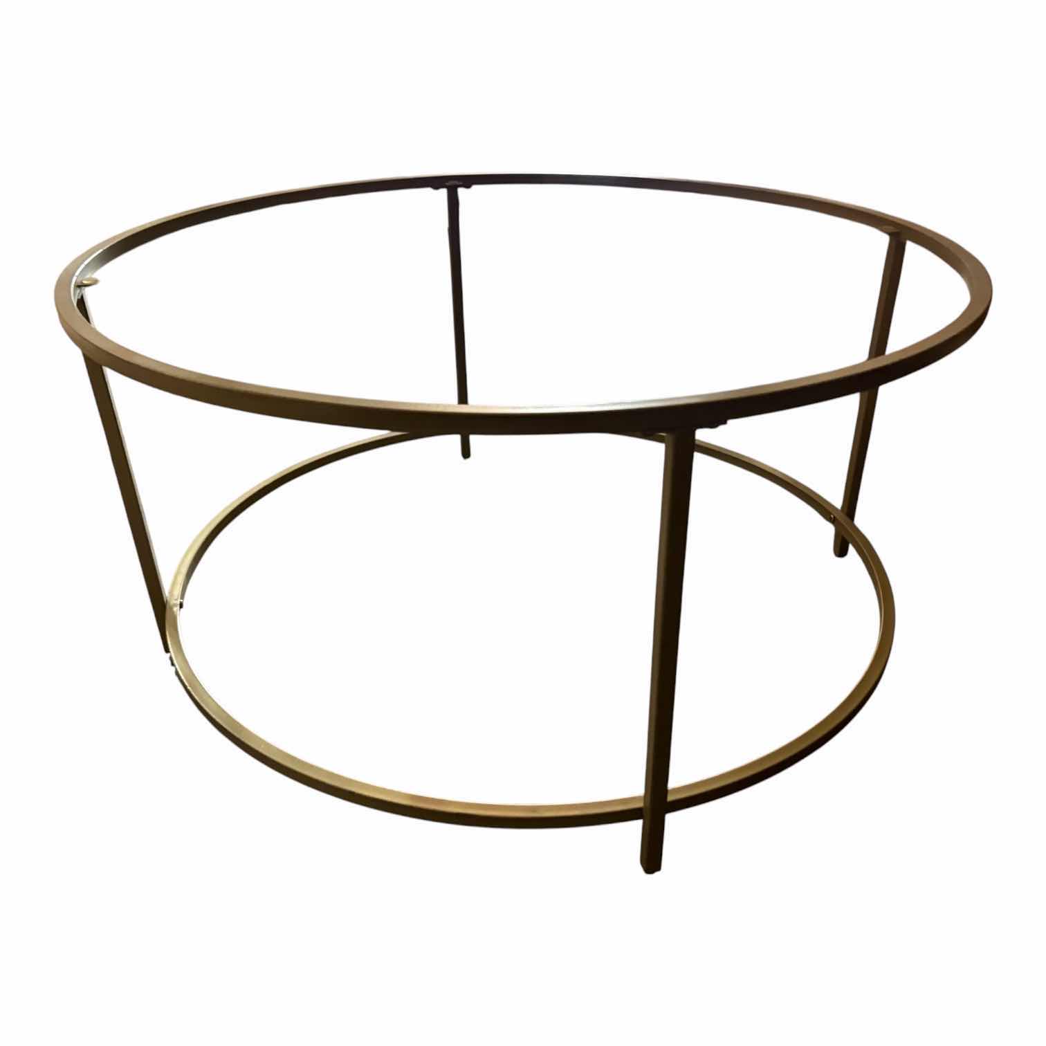 Photo 1 of GOLD METAL ROUND OTTOMAN W/GLASS TOP GEOMETRIC / ORBITAL DESIGN – 34”D XH16”