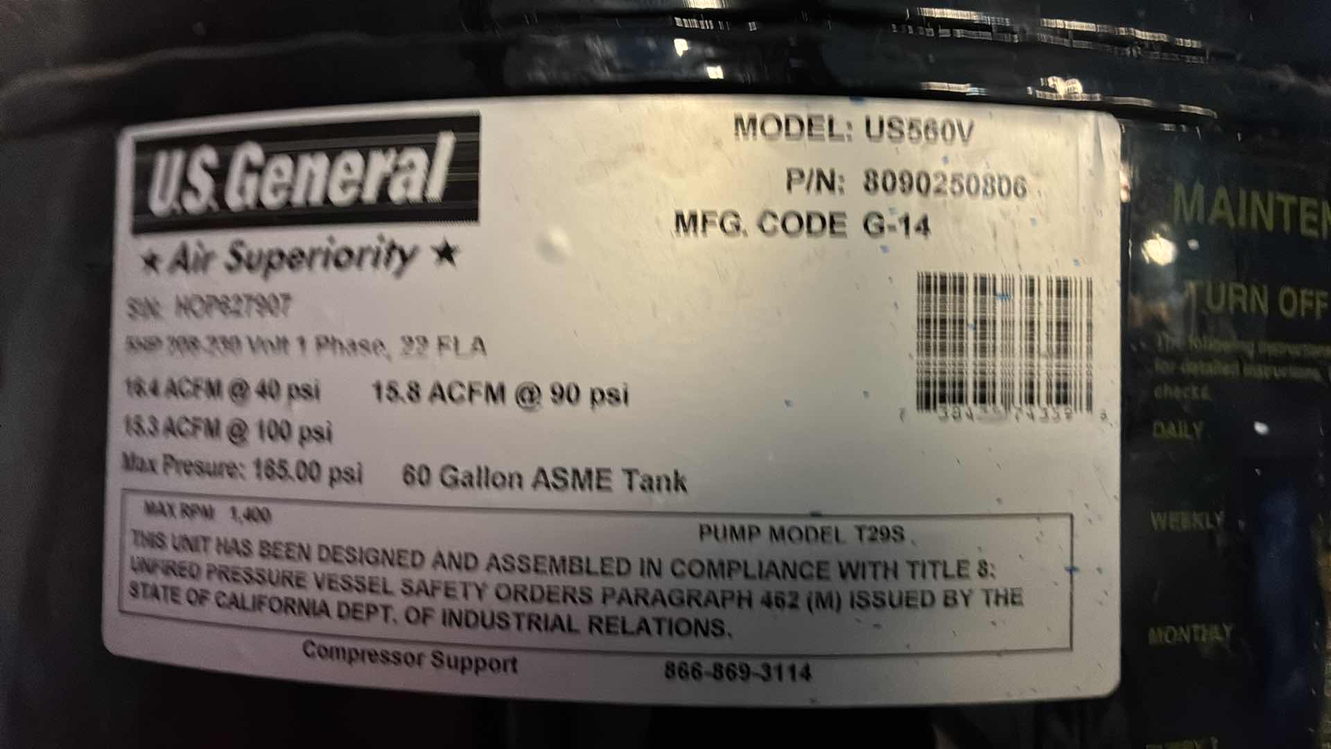 Photo 1 of US GENERAL AIR SUPERIORITY 60GAL 240V AIR COMPRESSOR US560V