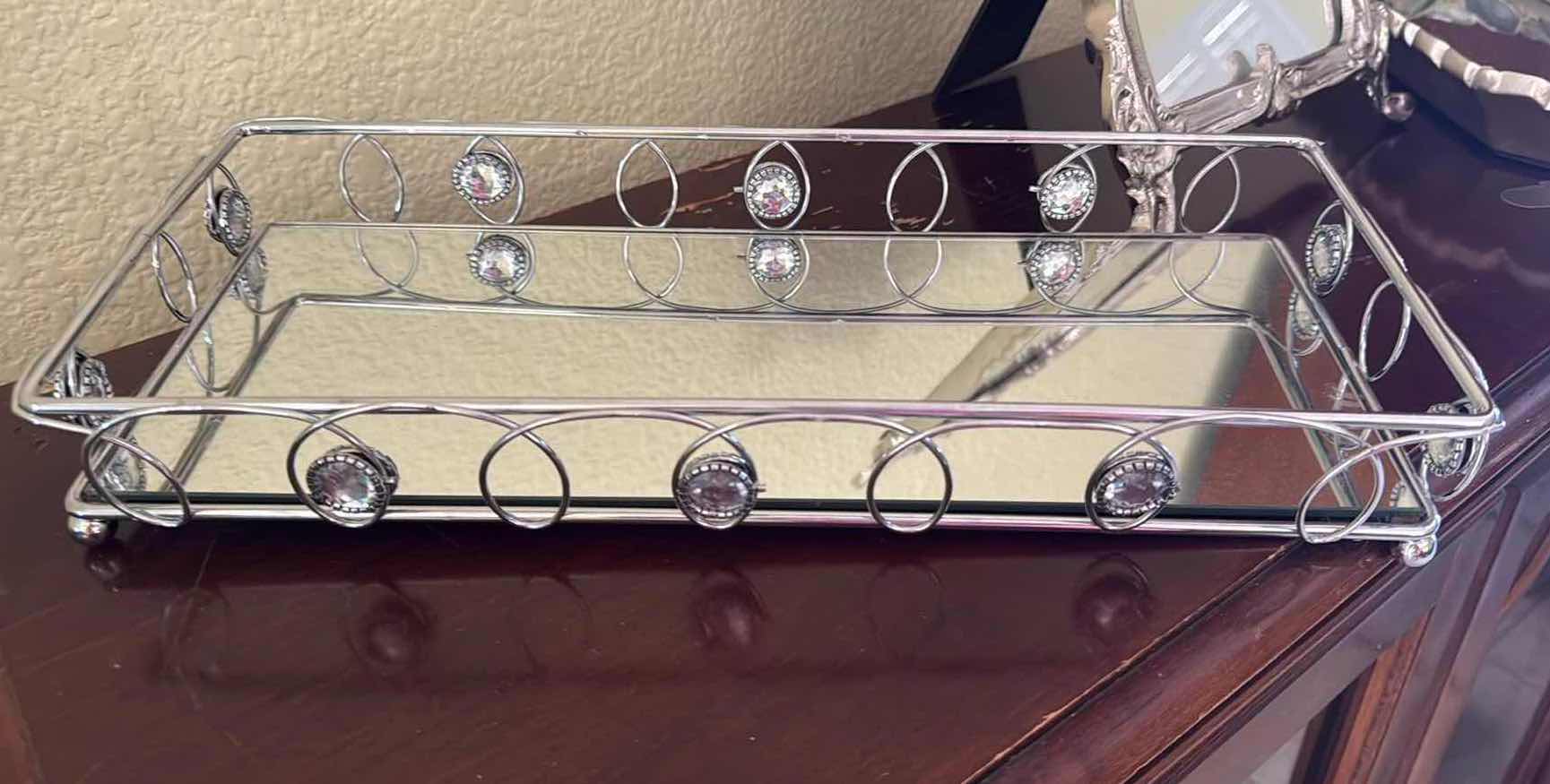 Photo 1 of SILVER DESIGN FRAMED MIRROR, 2–SILVER VANITY TRAYS