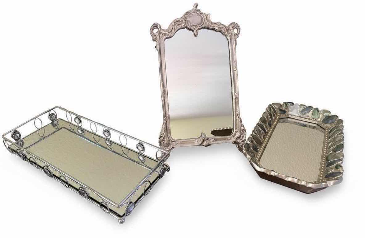 Photo 1 of SILVER DESIGN FRAMED MIRROR, 2–SILVER VANITY TRAYS