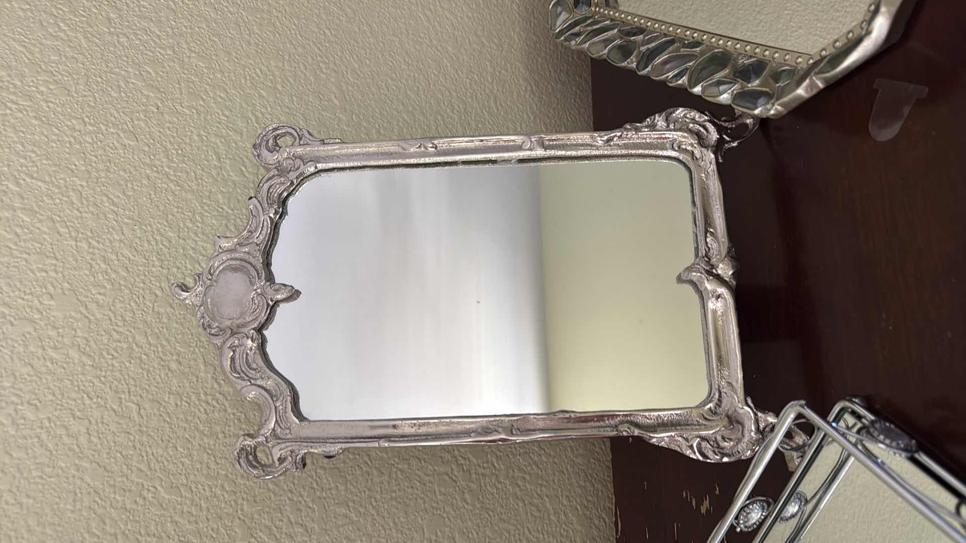 Photo 1 of SILVER DESIGN FRAMED MIRROR, 2–SILVER VANITY TRAYS