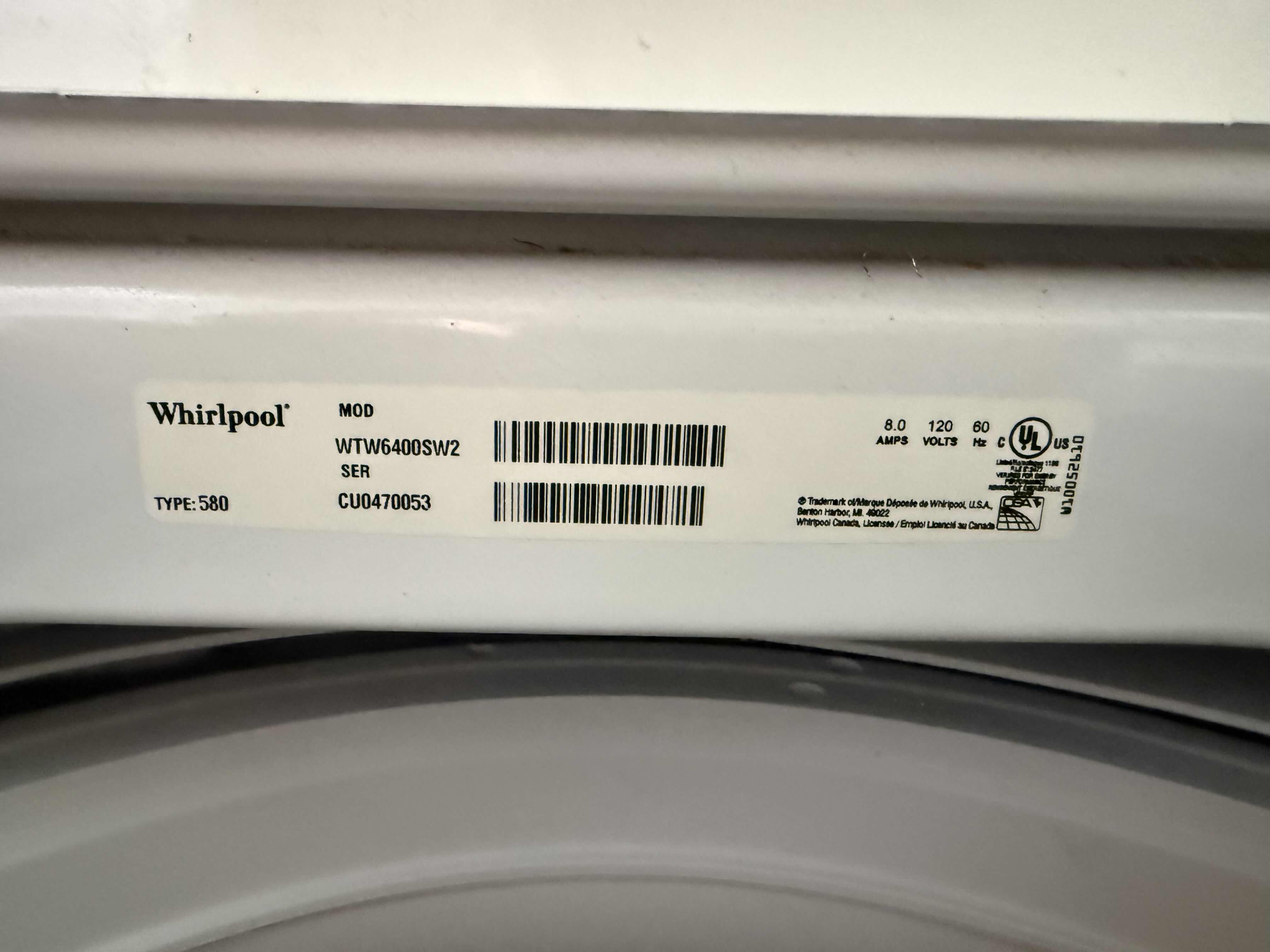 Photo 1 of WHITE WHIRLPOOL CABRIO WASHING MACHINE (MODEL #WTW6400SW2)-LIKE NEW CONDITION