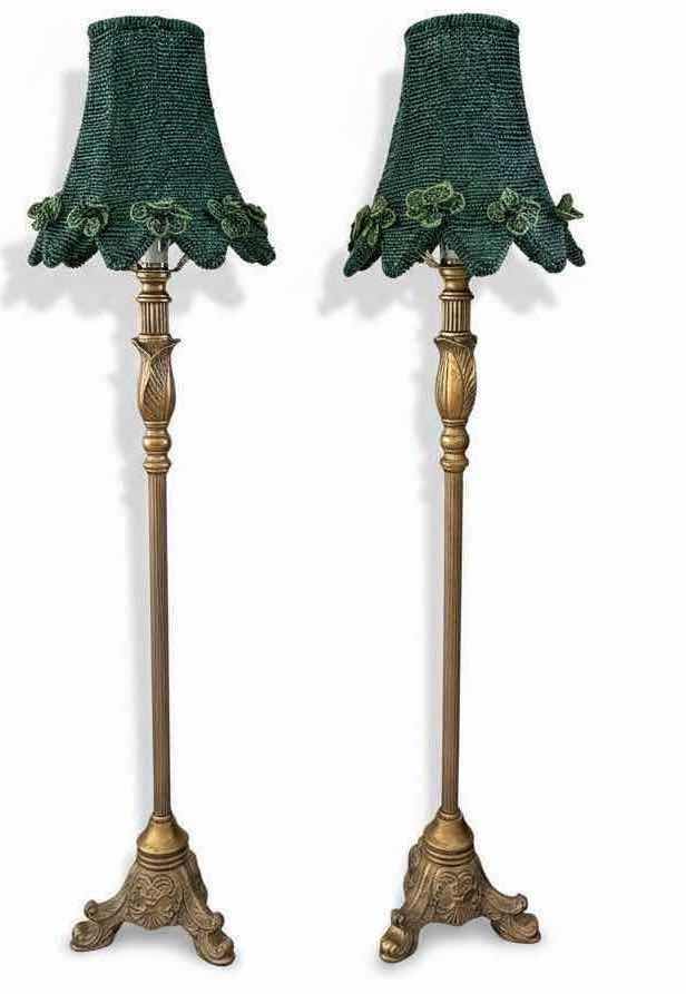 Photo 1 of 2-VINTAGE GOLD BRASS TABLE LAMPS W GREEN & BLUE BEADED SHADES H28”