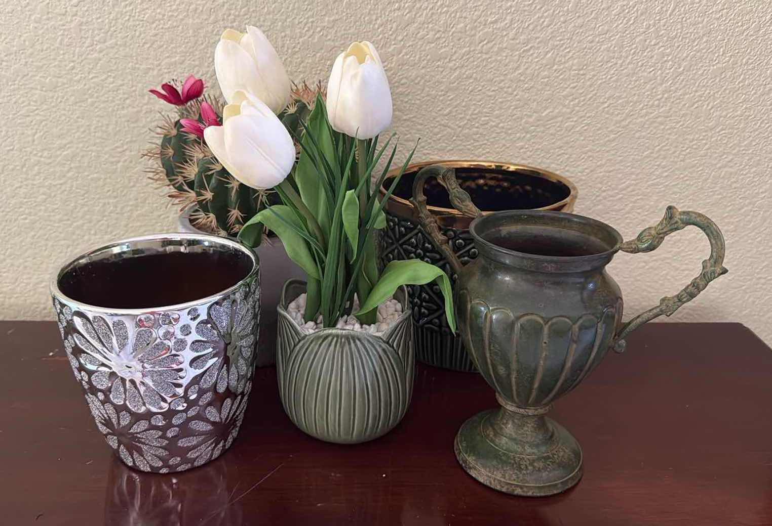 Photo 1 of 2-POTTED FAUX PLANTS, 3- GREEN COLORED VASES