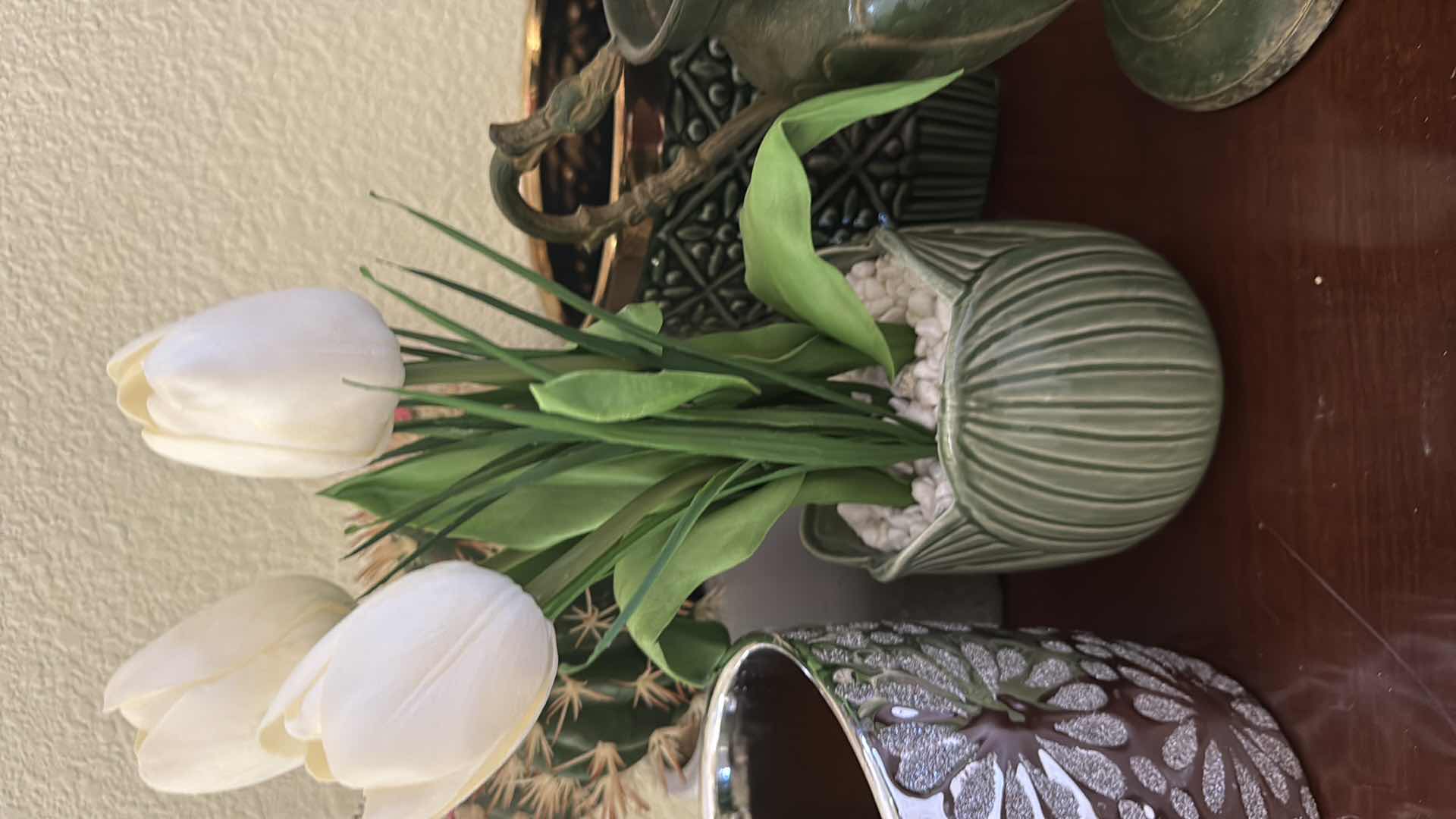 Photo 1 of 2-POTTED FAUX PLANTS, 3- GREEN COLORED VASES