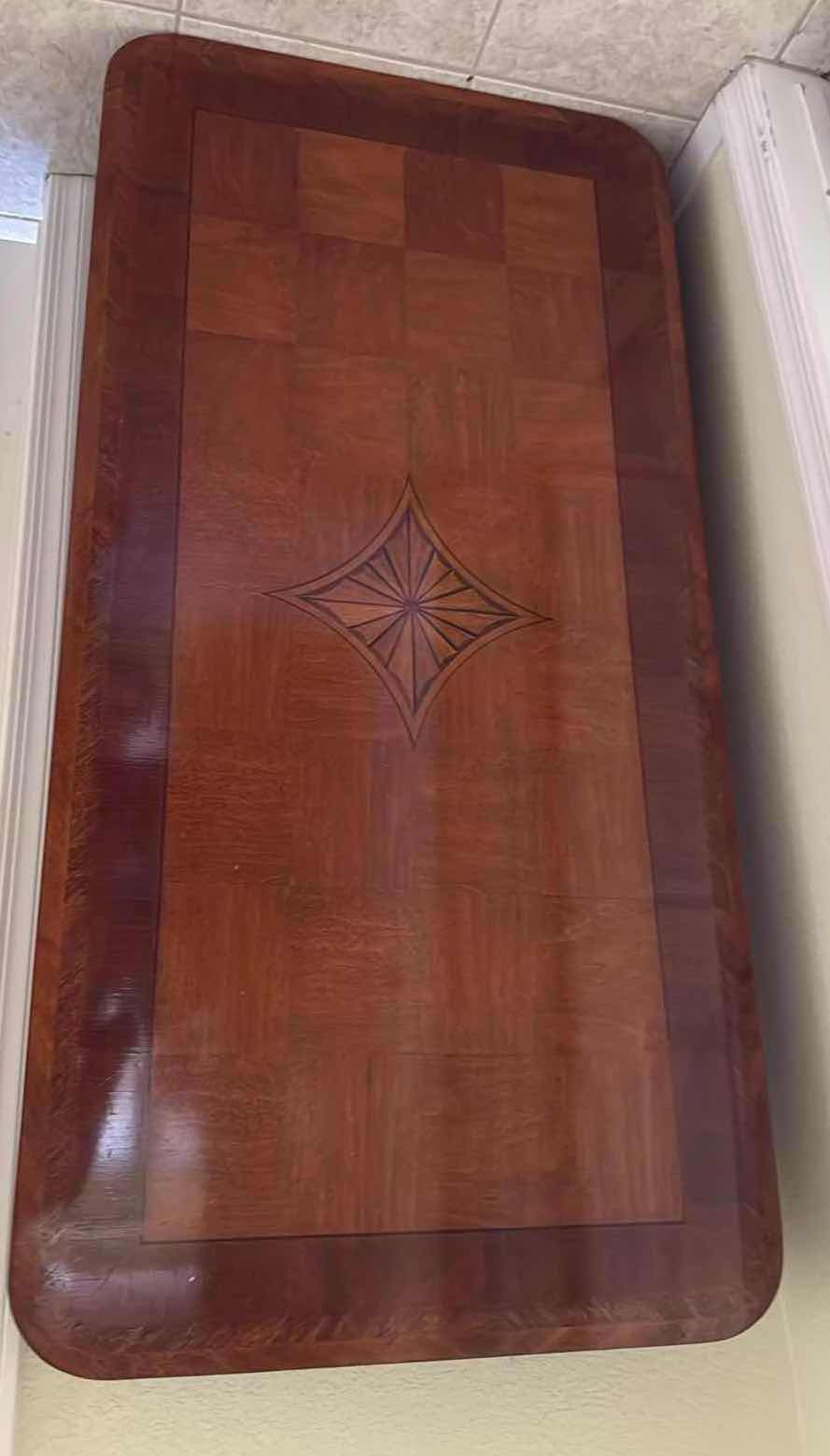 View 4 of VINTAGE SOLID WOOD DIAMOND SHAPE INLAY CHECKERBOARD WRITING DESK W TWO DRAWERS (MISSING LEGS)26“ X 52“