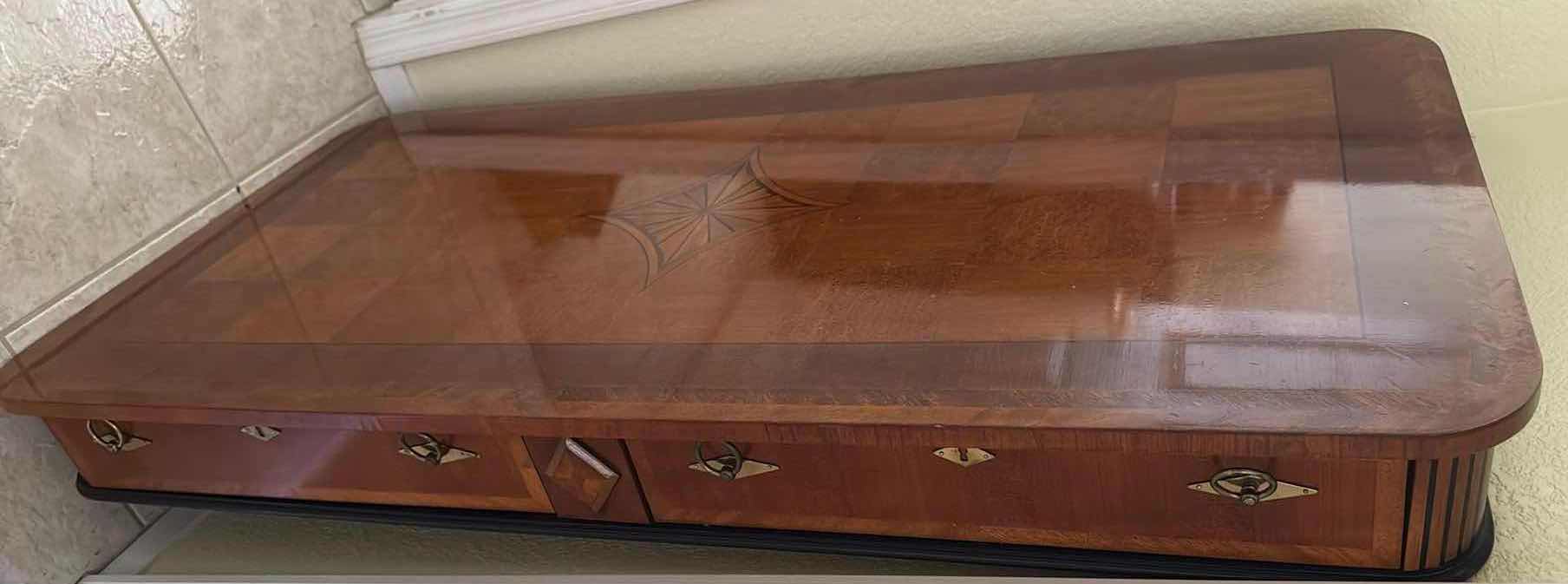 View 6 of VINTAGE SOLID WOOD DIAMOND SHAPE INLAY CHECKERBOARD WRITING DESK W TWO DRAWERS (MISSING LEGS)26“ X 52“