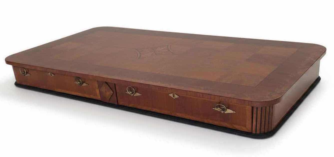 View 2 of VINTAGE SOLID WOOD DIAMOND SHAPE INLAY CHECKERBOARD WRITING DESK W TWO DRAWERS (MISSING LEGS)26“ X 52“