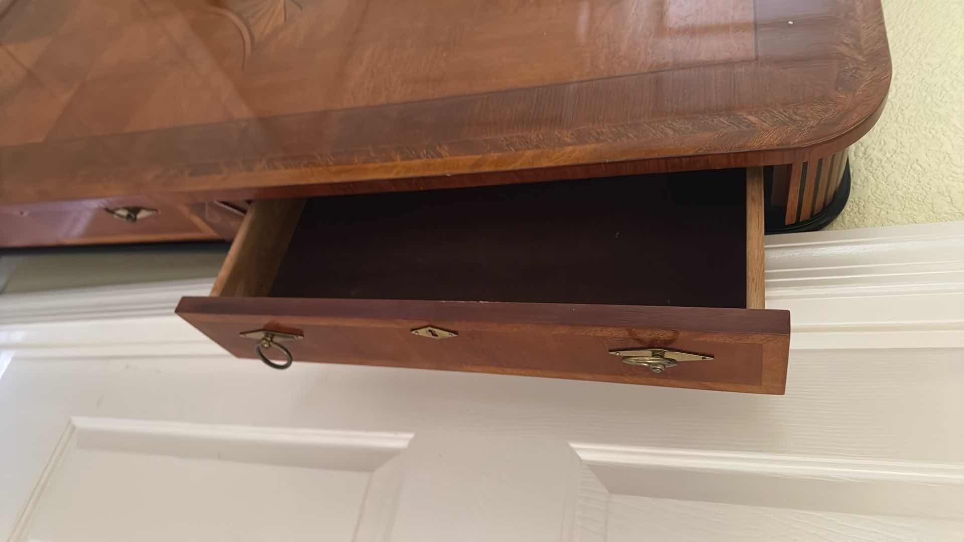 View 7 of VINTAGE SOLID WOOD DIAMOND SHAPE INLAY CHECKERBOARD WRITING DESK W TWO DRAWERS (MISSING LEGS)26“ X 52“
