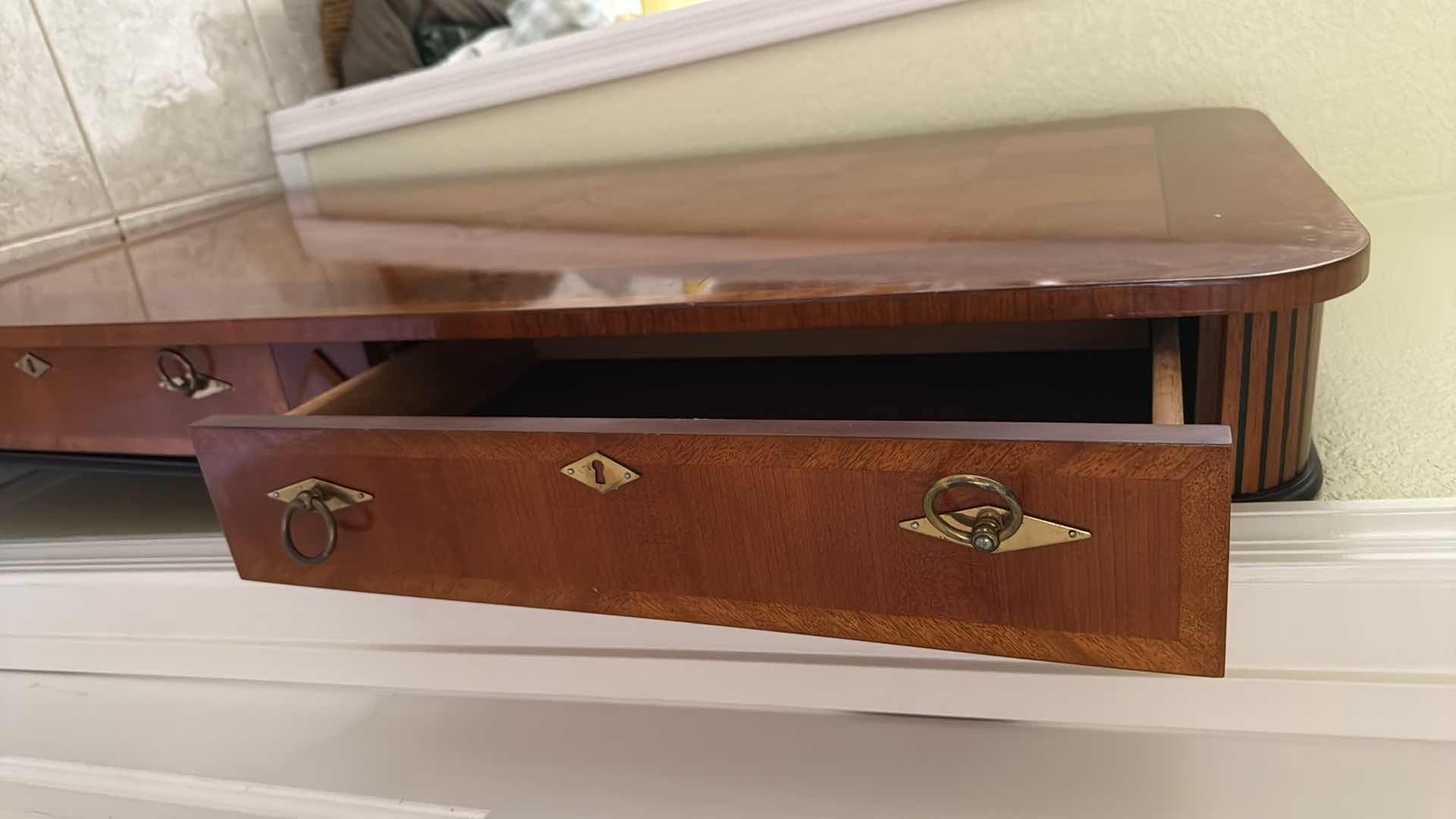 View 5 of VINTAGE SOLID WOOD DIAMOND SHAPE INLAY CHECKERBOARD WRITING DESK W TWO DRAWERS (MISSING LEGS)26“ X 52“
