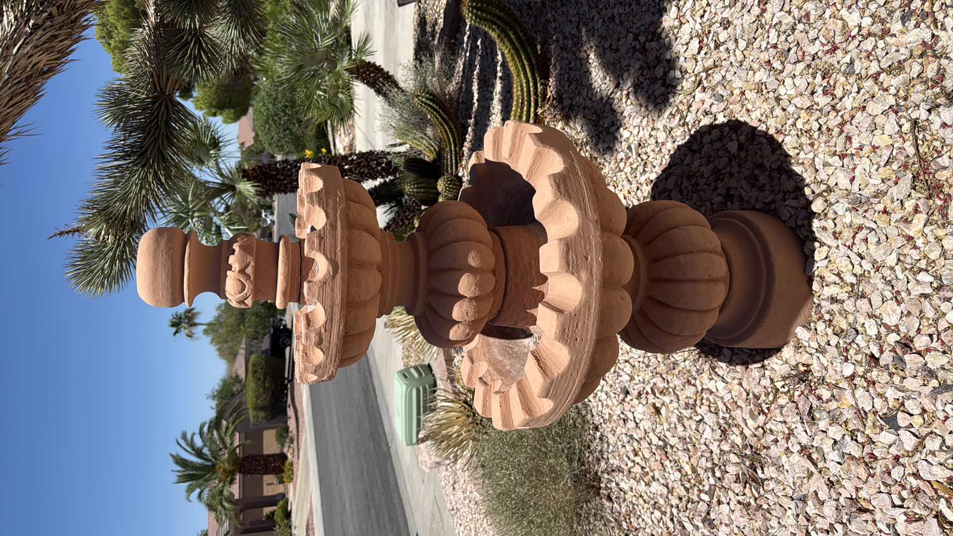 Photo 1 of OUTDOOR TERRA COTTA HEAVY CAST STONE 3-TIERED FOUNTAIN W SCALLOPED BOWL EDGES D26” H56”