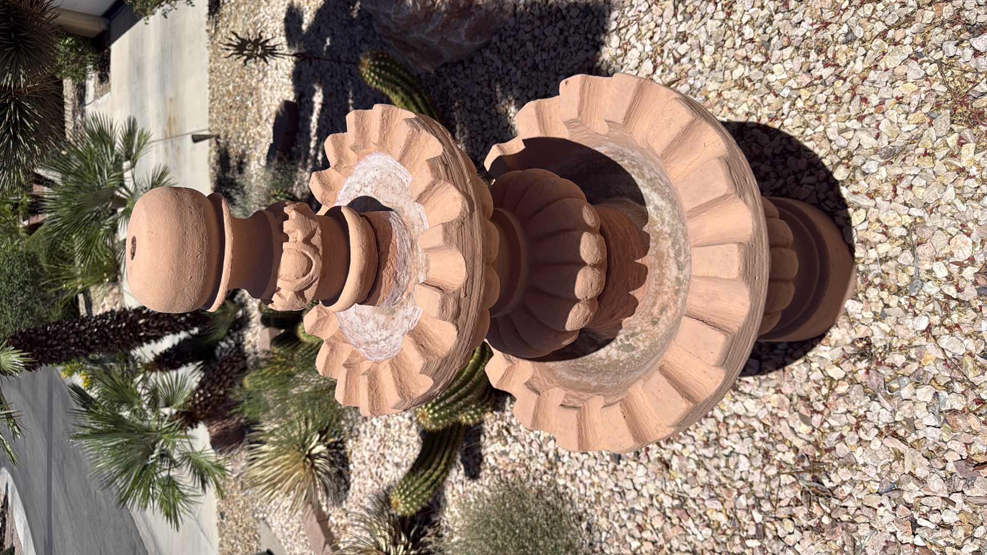 Photo 1 of OUTDOOR TERRA COTTA HEAVY CAST STONE 3-TIERED FOUNTAIN W SCALLOPED BOWL EDGES D26” H56”