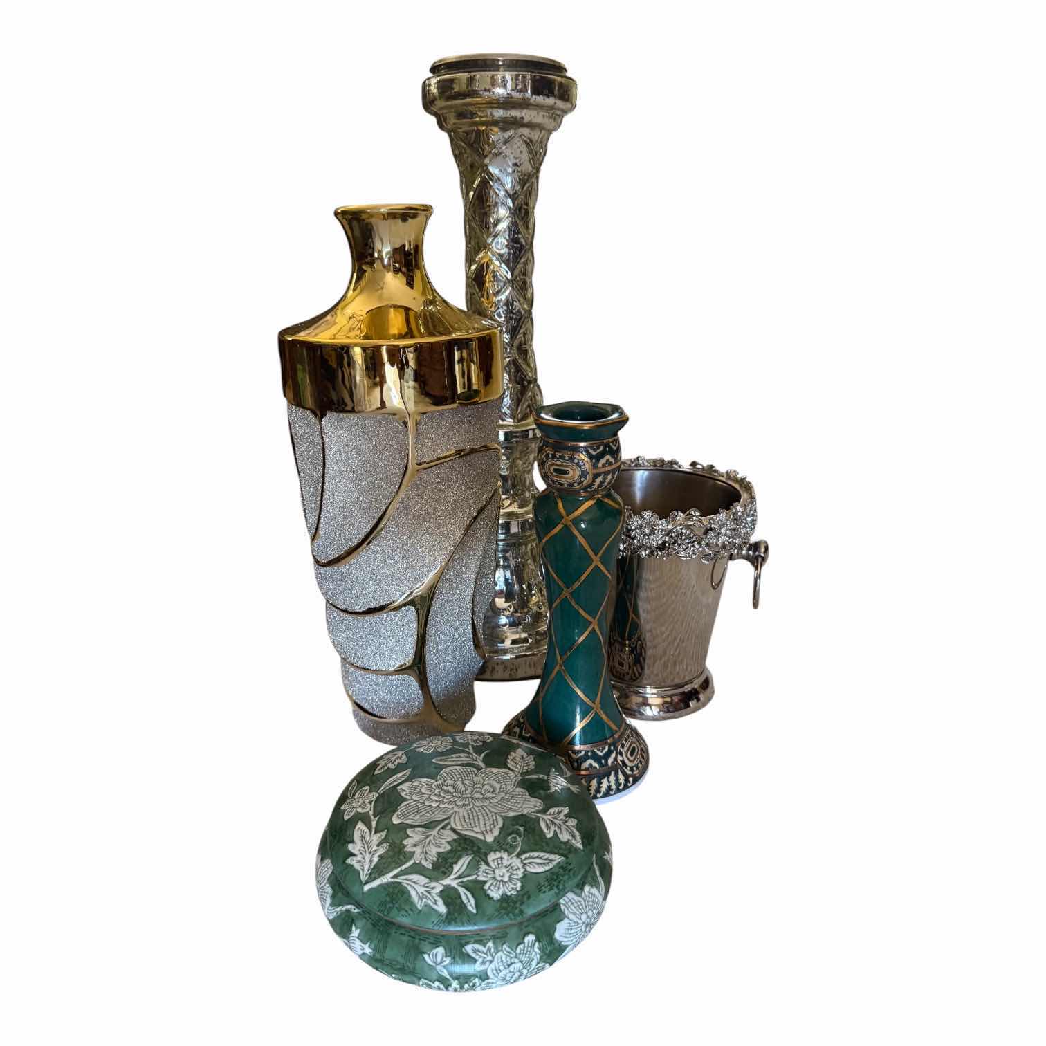 Photo 1 of 5 PCS-VASES, CANDLEHOLDERS & GREEN FLORAL COVERED BOWL