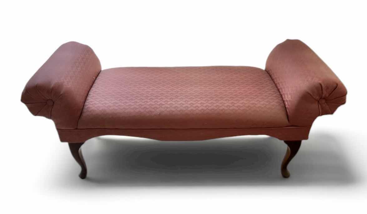 Photo 1 of UPHOLSTERED BENCH FEATURING ROLLED ARMS AND QUEEN ANNE STYLE LEGS. 47” x 17” x H21 1/2” (SEAT HEIGHT IS 16 1/2 INCHES)