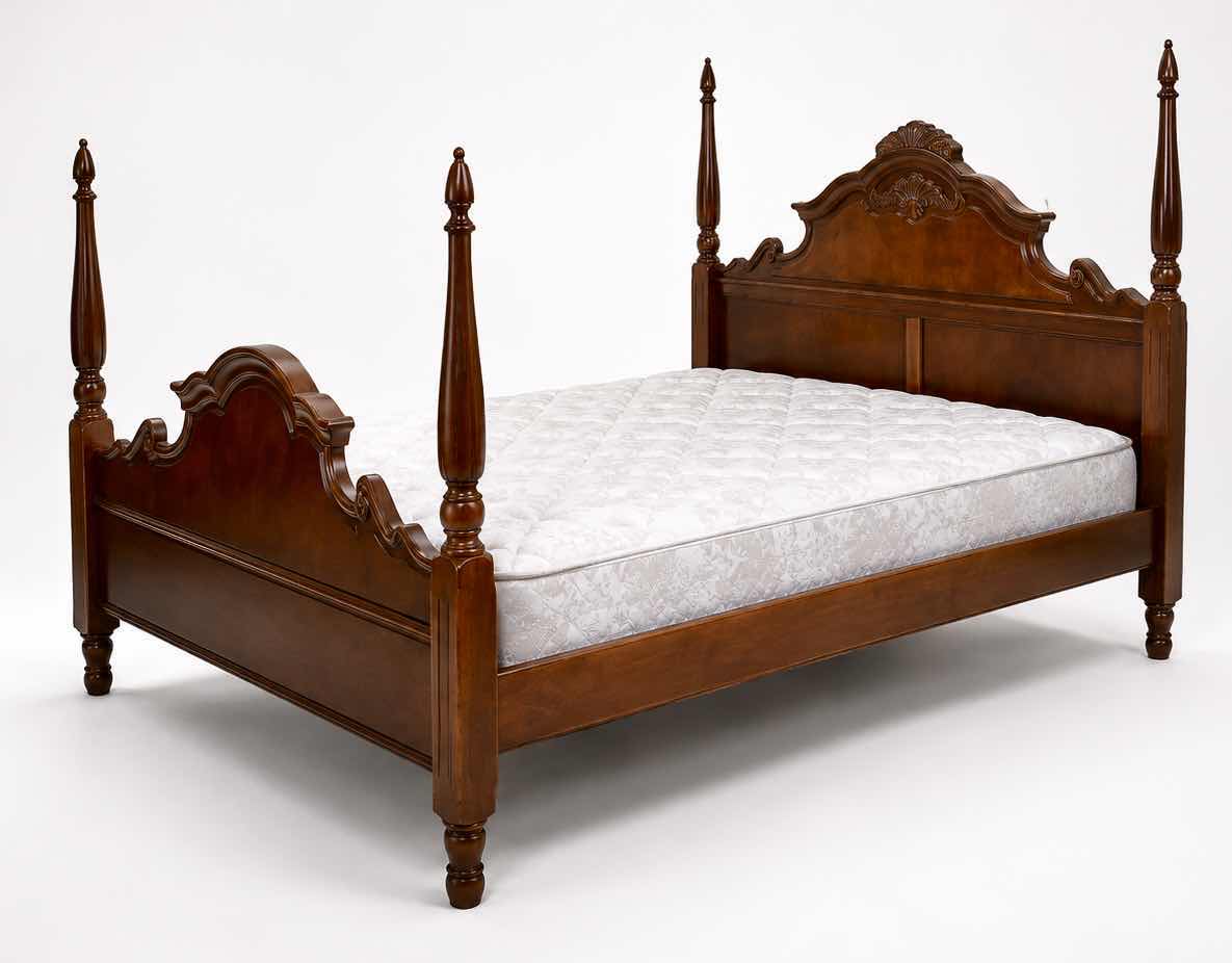 Photo 1 of CHERRY WOOD VINTAGE FOUR POSTER BED FEATURING TURNED POSTS WITH FINIALS AND CARVED ARCHED HEADBOARD,   81“ x 94” x H67” $2200