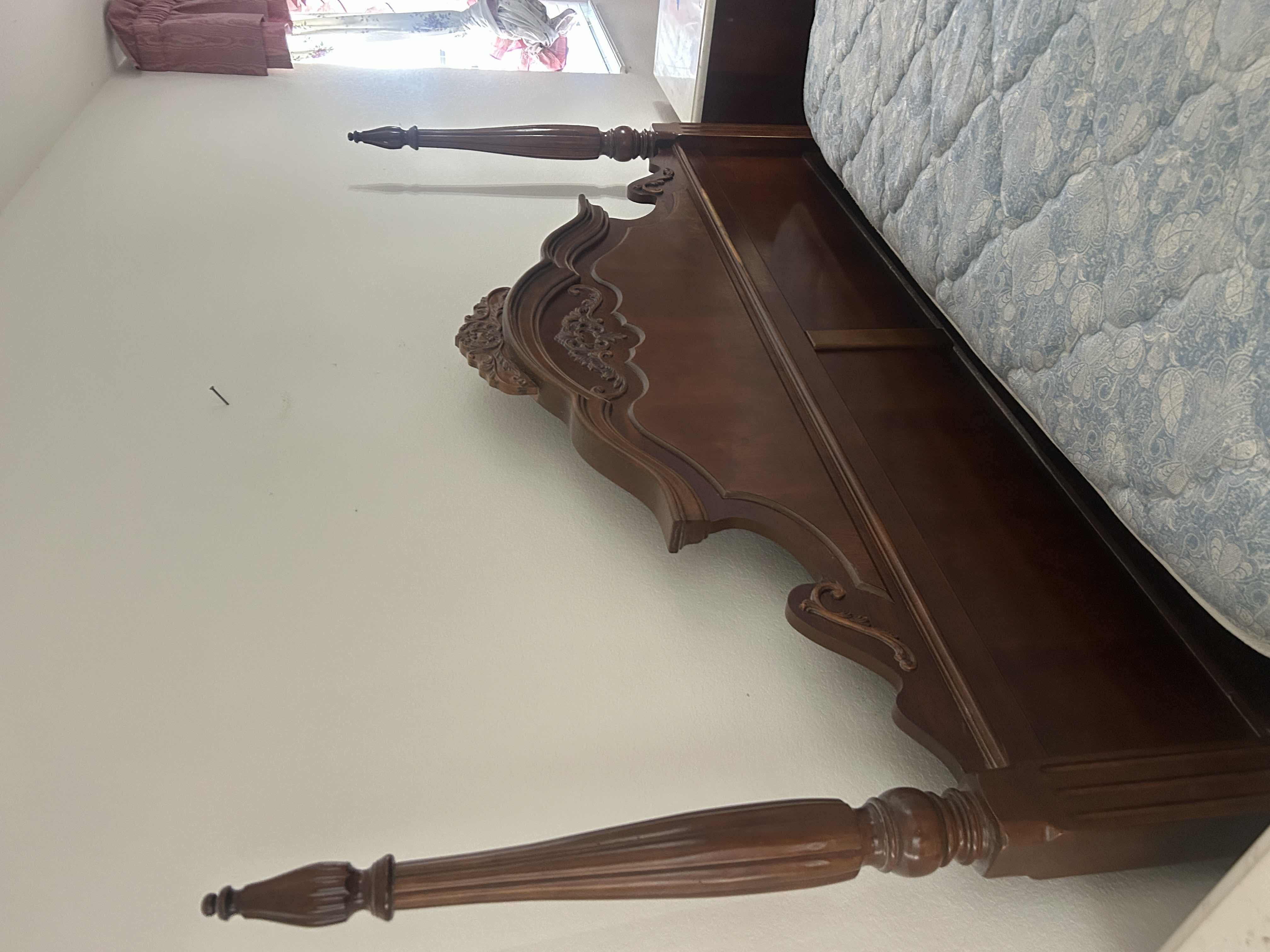 Photo 1 of CHERRY WOOD VINTAGE FOUR POSTER BED FEATURING TURNED POSTS WITH FINIALS AND CARVED ARCHED HEADBOARD,   81“ x 94” x H67” $2200