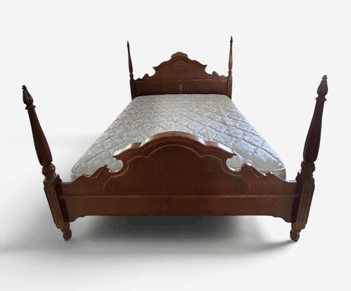 Photo 1 of CHERRY WOOD VINTAGE FOUR POSTER BED FEATURING TURNED POSTS WITH FINIALS AND CARVED ARCHED HEADBOARD,   81“ x 94” x H67” $2200