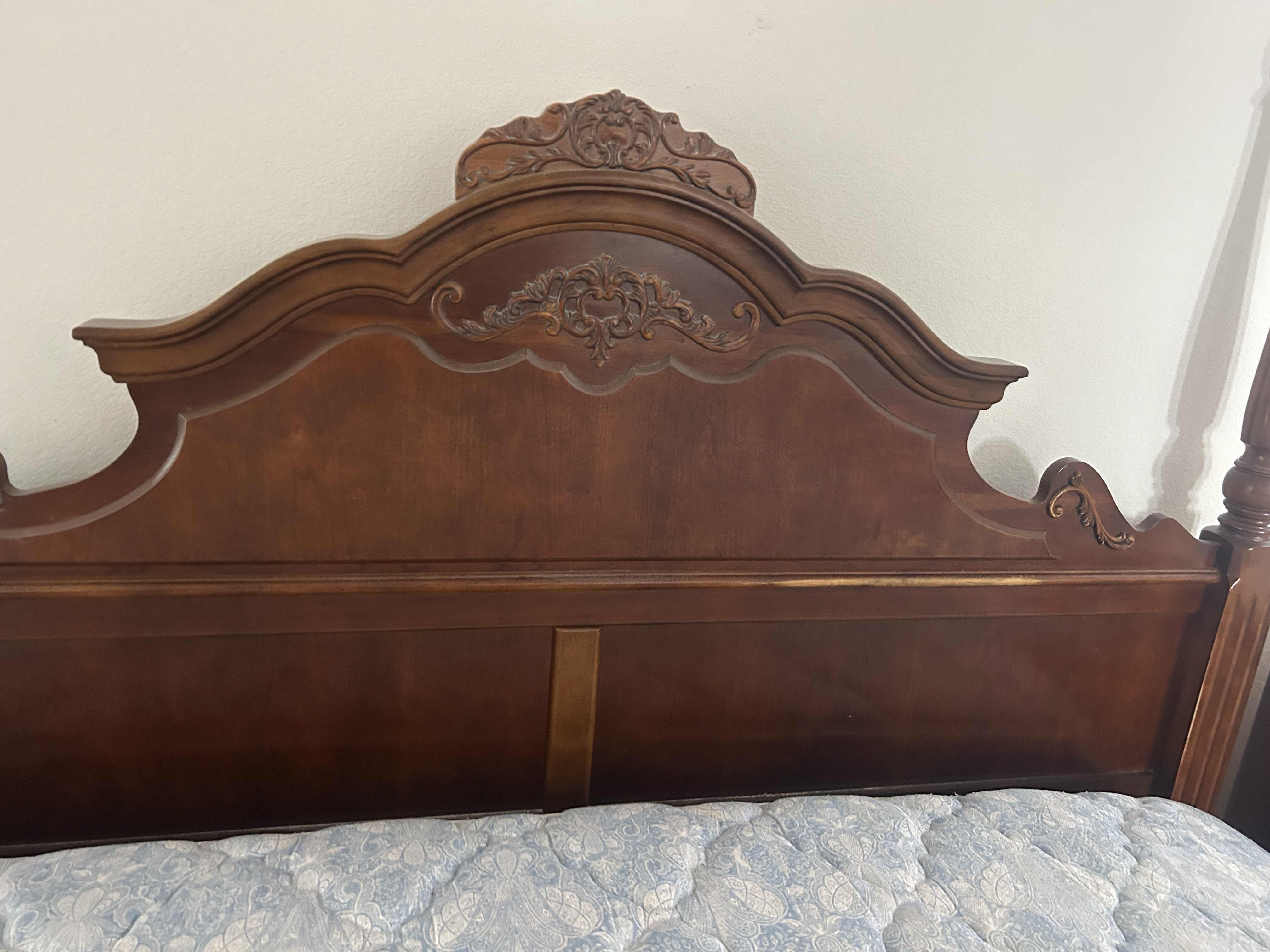 Photo 1 of CHERRY WOOD VINTAGE FOUR POSTER BED FEATURING TURNED POSTS WITH FINIALS AND CARVED ARCHED HEADBOARD,   81“ x 94” x H67” $2200