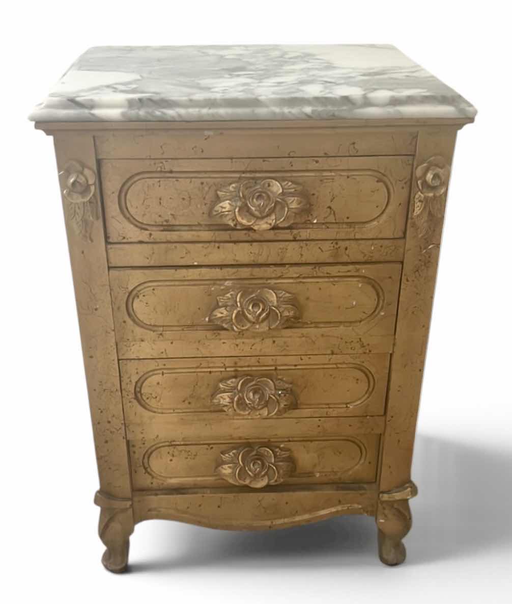 Photo 1 of FRENCH PROVINCIAL STYLE MARBLE TOP NIGHTSTAND FEATURING CARVED, ROSE DRAWER POLES 19“ x 15“ x H28“