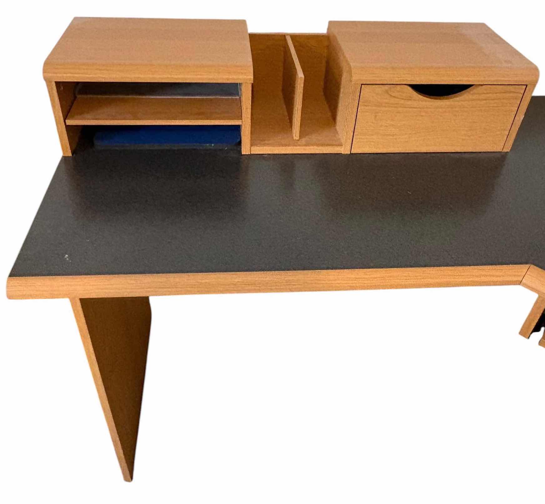 Photo 1 of L-SHAPED CORNER COMPUTER DESK WITH BLACK LAMINATE TOP, SLIDE-OUT KEYBOARD TRAY, MONITOR RISER, STORAGE DRAWER, CD/MEDIA RACK, AND PAPER ORGANIZER 86”X33”H27”