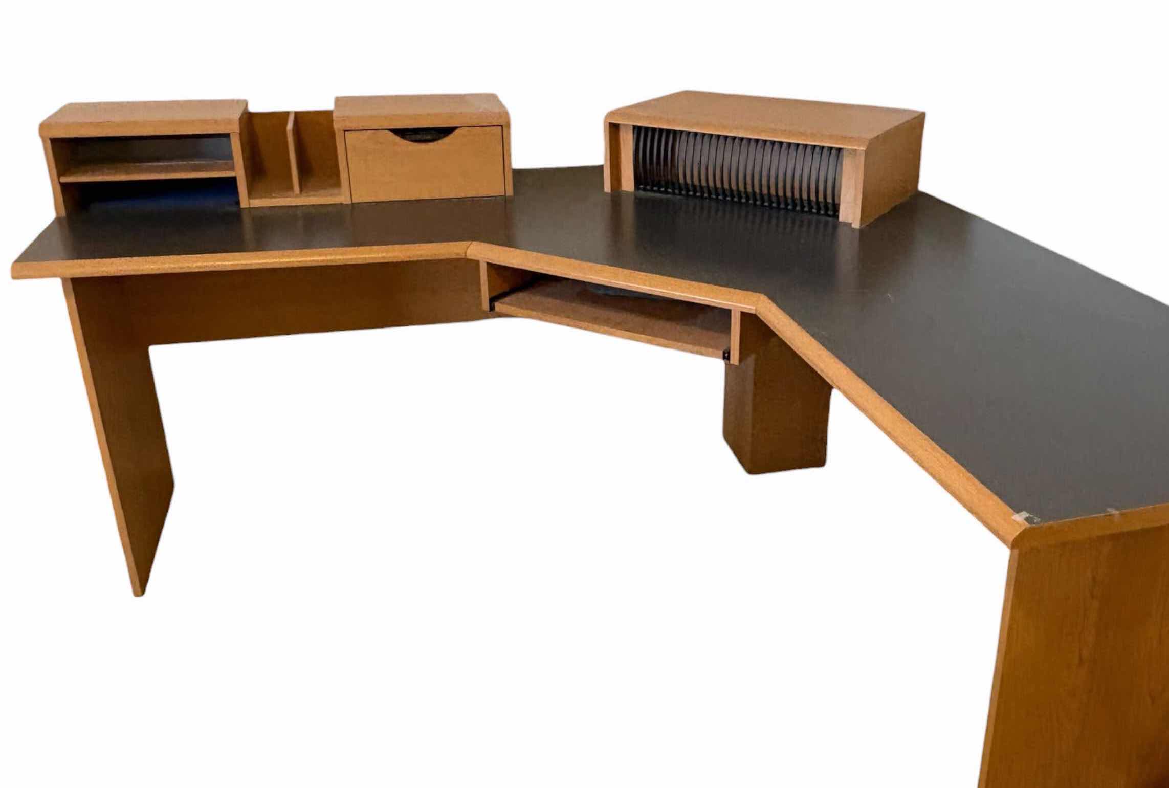 Photo 1 of L-SHAPED CORNER COMPUTER DESK WITH BLACK LAMINATE TOP, SLIDE-OUT KEYBOARD TRAY, MONITOR RISER, STORAGE DRAWER, CD/MEDIA RACK, AND PAPER ORGANIZER 86”X33”H27”
