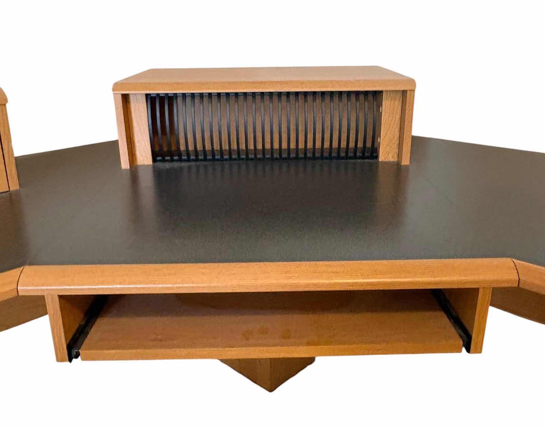 Photo 1 of L-SHAPED CORNER COMPUTER DESK WITH BLACK LAMINATE TOP, SLIDE-OUT KEYBOARD TRAY, MONITOR RISER, STORAGE DRAWER, CD/MEDIA RACK, AND PAPER ORGANIZER 86”X33”H27”