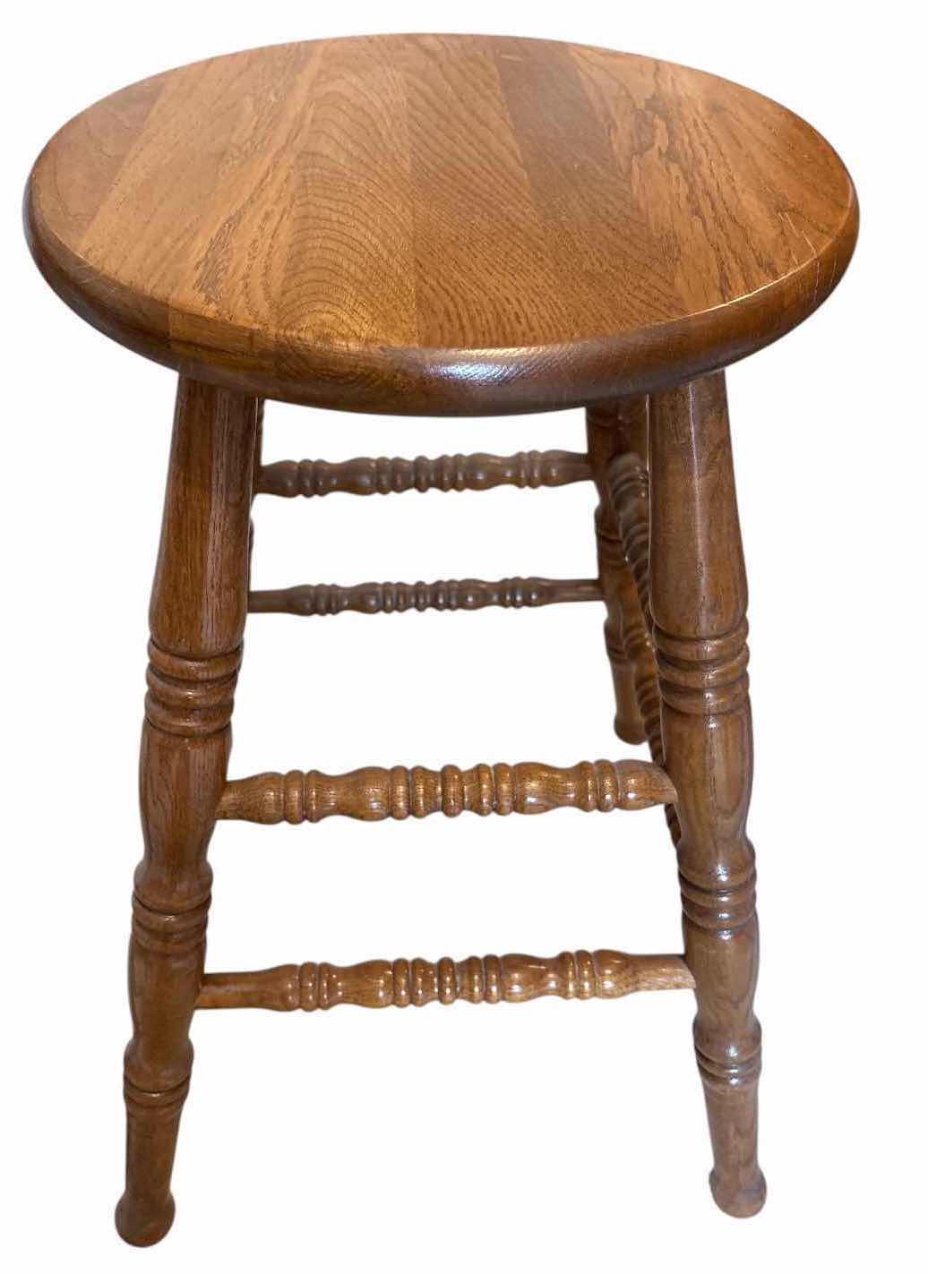 Photo 1 of (2)PCS WOOD MEDIUM OAK BAR STOOLS WITH ROUND SEATS, TURNED LEGS, AND FOOTRESTS H24” $300