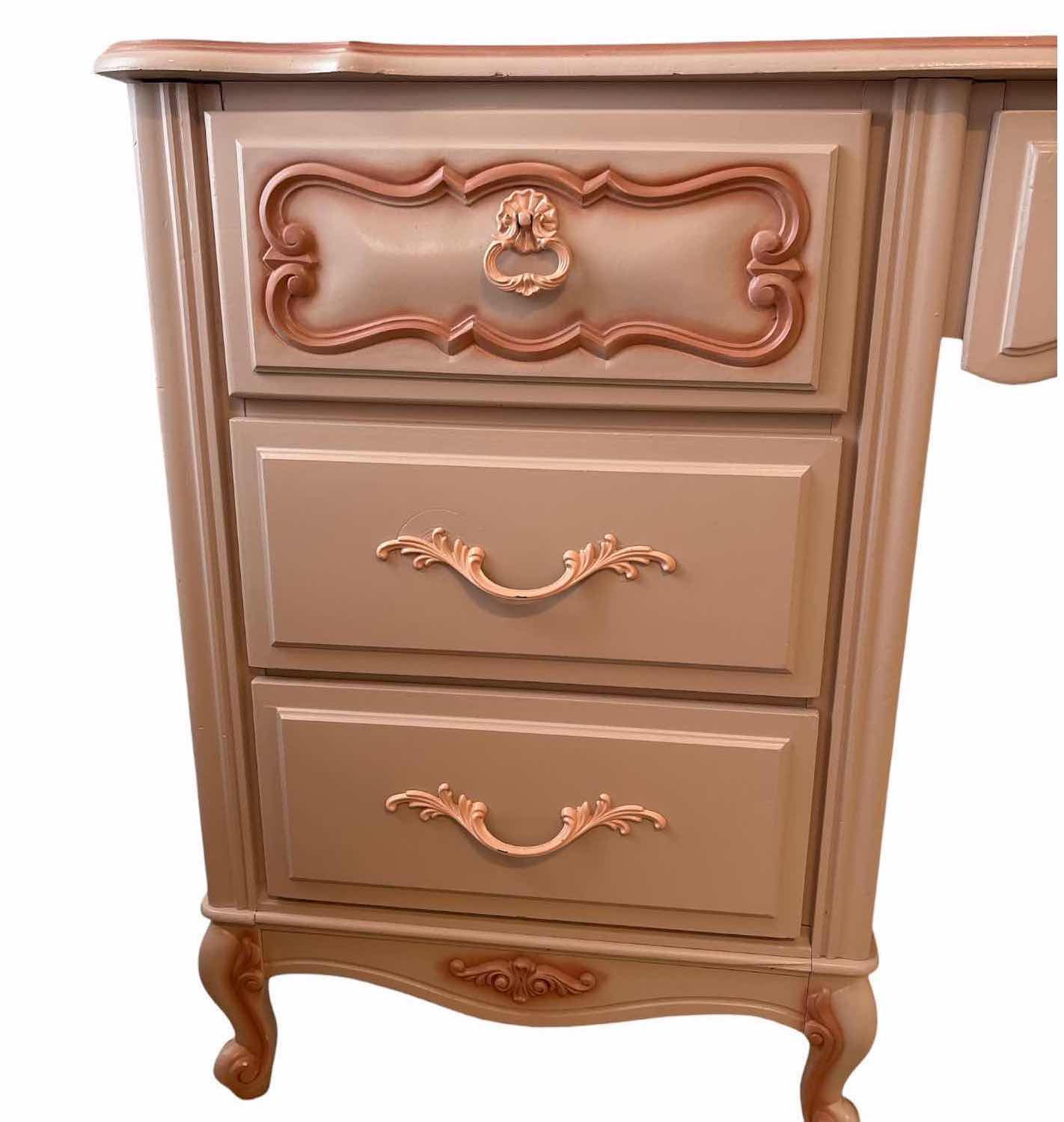 Photo 1 of LEA INDUSTRIES FRENCH PROVINCIAL STYLE VANITY DESK WITH 4-DRAWERS, CABRIOLE LEGS, AND A TWO-TONE BLUSH PINK & IVORY 44.5”X16.5”H30.5”