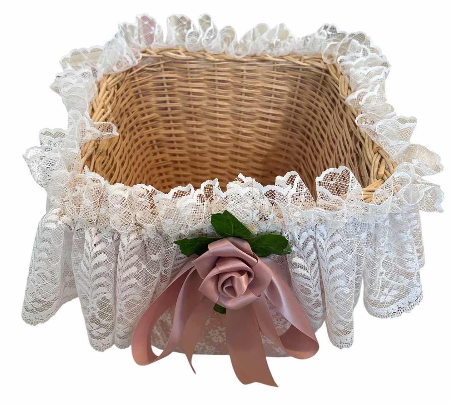 Photo 1 of (3)PCS WICKER BASKETS IN ASSORTED STYLES, HEART-SHAPED, WHITE WICKER, AND PINK LACE-LINED BASKETS H15” $90
