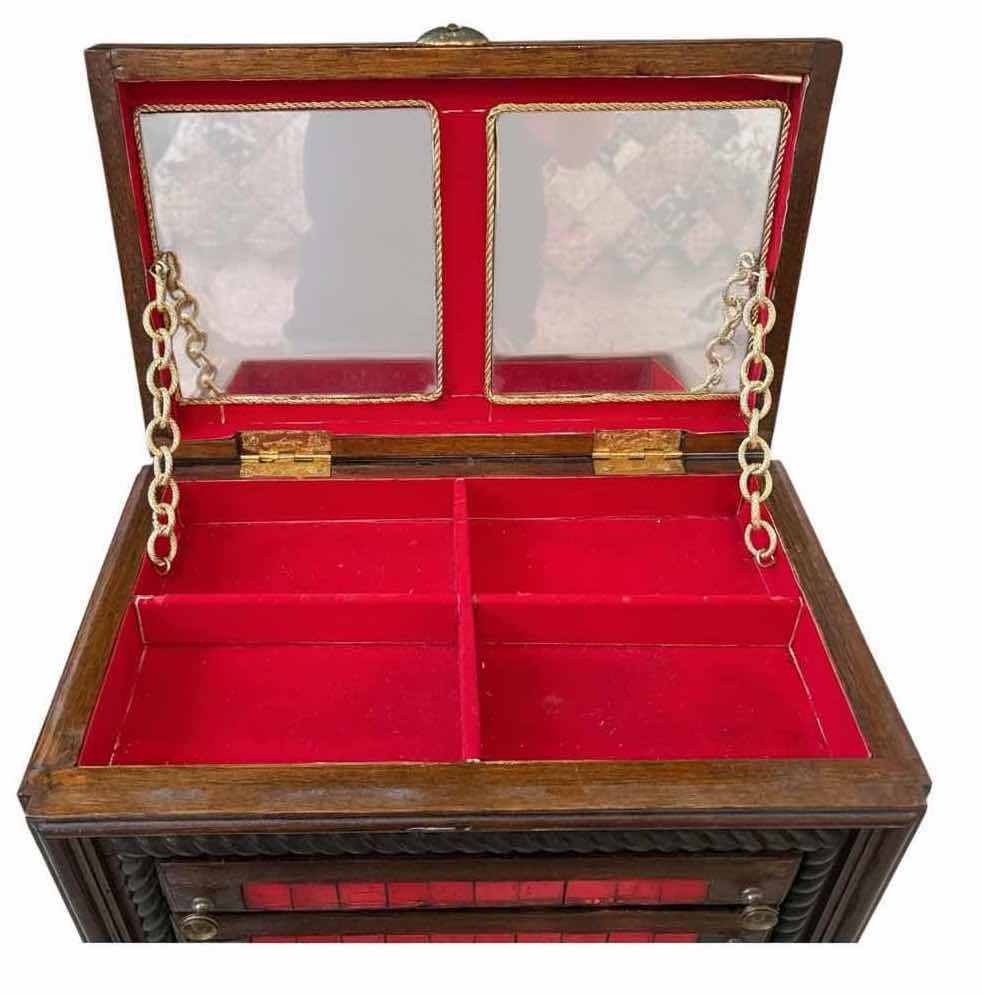 Photo 1 of HANDMADE WOODEN JEWELRY BOX W/RED GLASS MOSAIC INLAY AND VELVET-LINED INTERIOR 15”X9”H10”