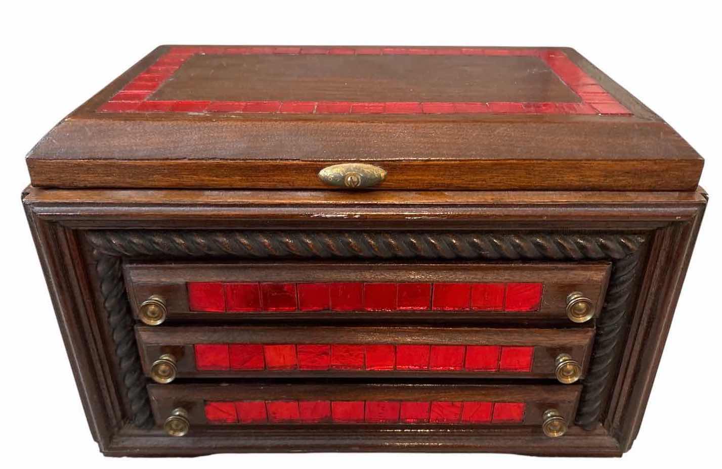 Photo 1 of HANDMADE WOODEN JEWELRY BOX W/RED GLASS MOSAIC INLAY AND VELVET-LINED INTERIOR 15”X9”H10”