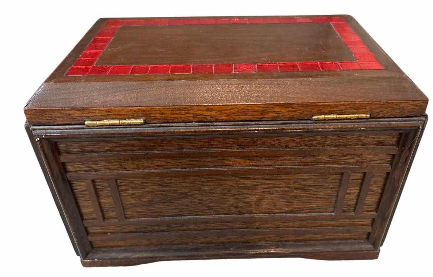 Photo 1 of HANDMADE WOODEN JEWELRY BOX W/RED GLASS MOSAIC INLAY AND VELVET-LINED INTERIOR 15”X9”H10”