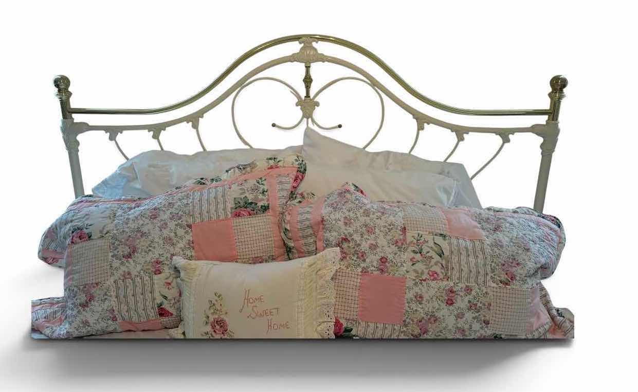 Photo 1 of VINTAGE STYLE METAL QUEEN HEADBOARD WITH IVORY FINISH, BRASS ACCENTS, AND METAL BED FRAME MATTRESS NOT INCLUDED 75.5”X52”