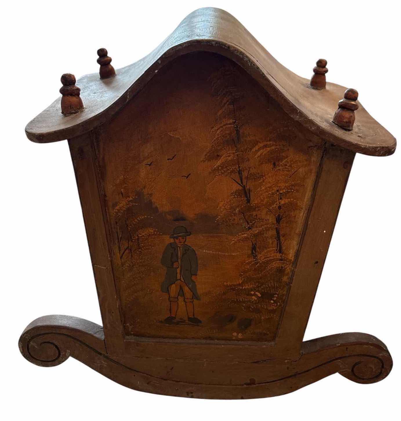 Photo 1 of VINTAGE HAND-PAINTED WOODEN ROCKING DOLL CRADLE W/CARVED DETAILS AND FLORAL ACCENTS 23”X17.5”H16” $300