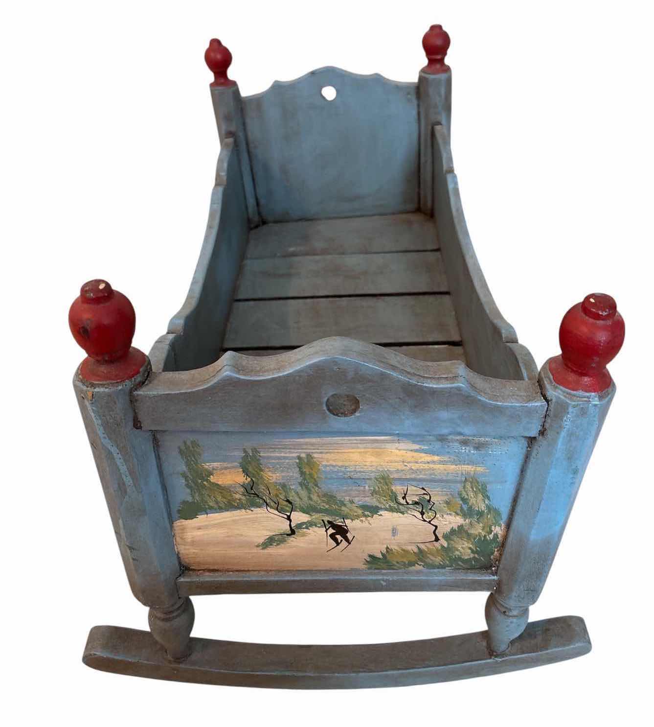 Photo 1 of (2)PCS FOLK ART WOODEN ROCKING DOLL CRADLE AND MINI CHAIR HAND-PAINTED WITH RUSTIC COUNTRY STYLE 21”X11”H15.5” $350