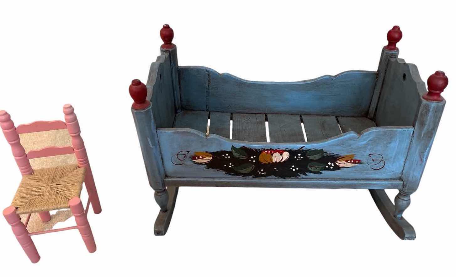 Photo 1 of (2)PCS FOLK ART WOODEN ROCKING DOLL CRADLE AND MINI CHAIR HAND-PAINTED WITH RUSTIC COUNTRY STYLE 21”X11”H15.5” $350