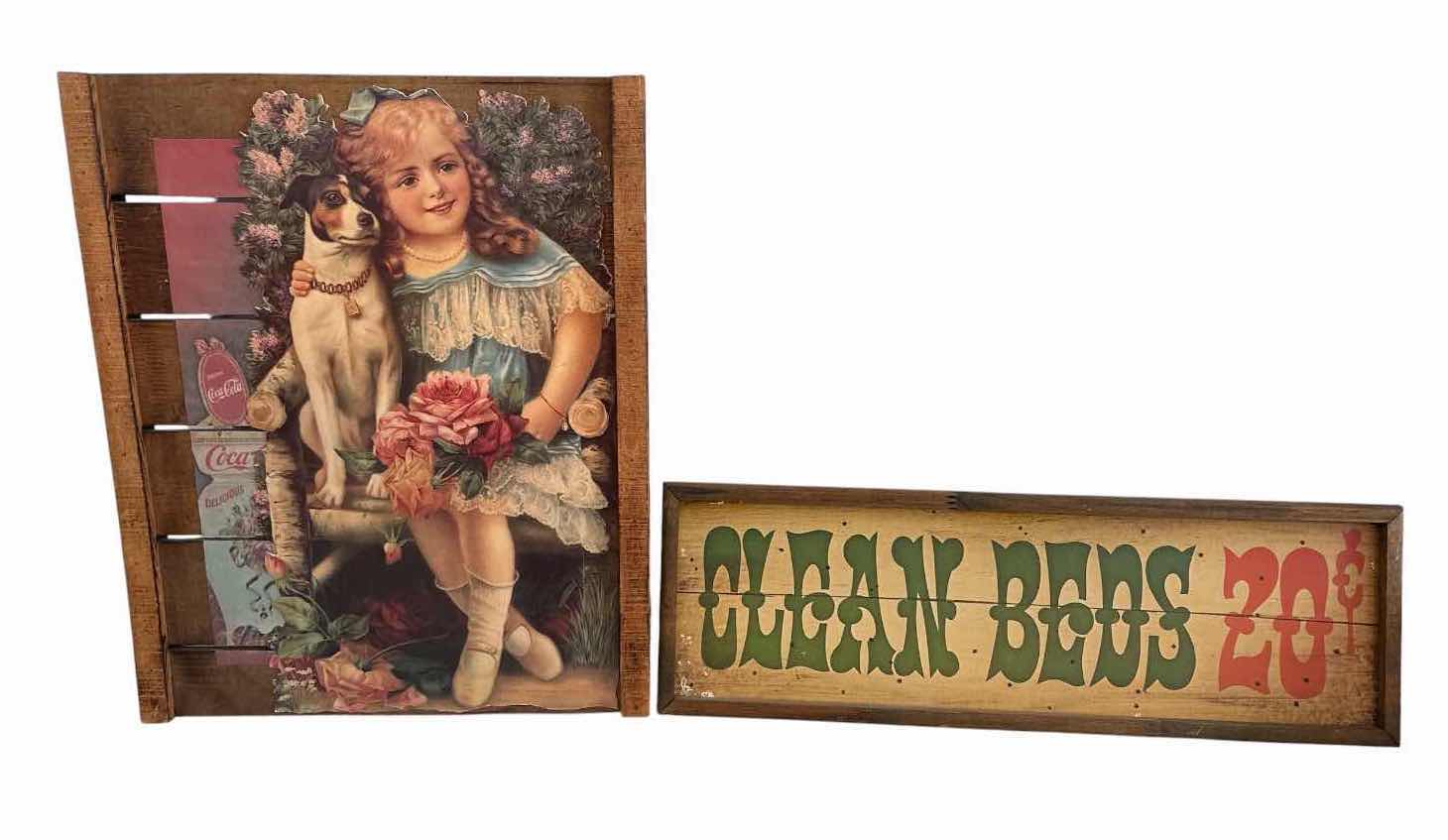 Photo 1 of (2)PCS VINTAGE STYLE HANDMADE WOOD WALL DÉCOR MAGAZINE RACK/WALL POCKET AND “CLEAN BEDS 20¢” 13”X16.5”