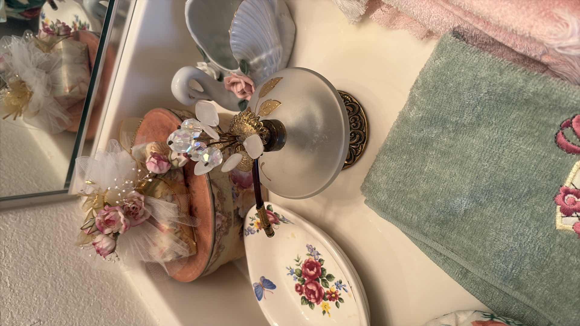 Photo 1 of GUEST BATHROOM VINTAGE STYLE-DECORATIVE TOWELS, CERAMIC TRAYS, PERFUME BOTTLE, TRINKET BOX, SWAN DISH, FLORAL BASKET, AND ACCENT PIECES $200